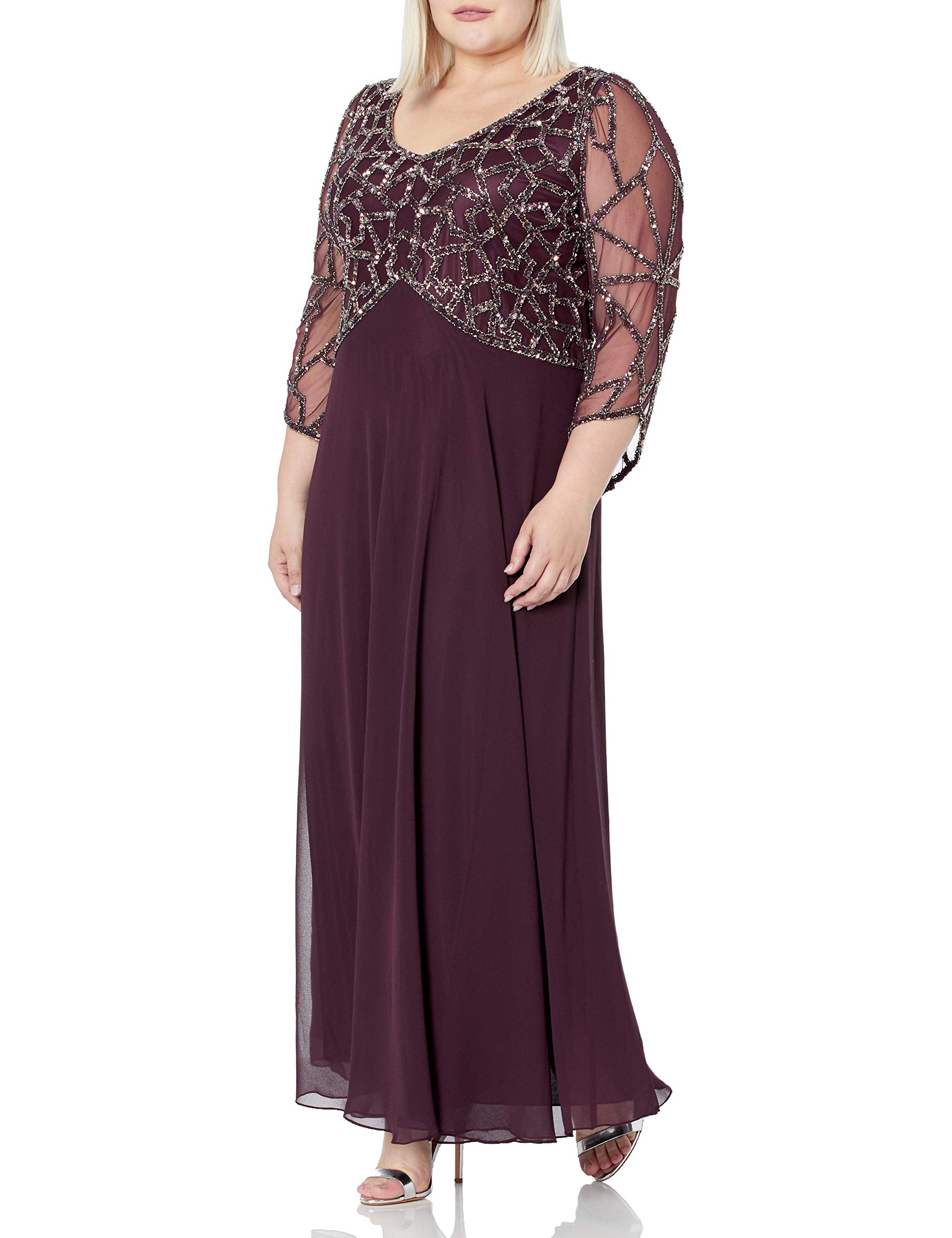 J Kara Women's Plus Size 3/4 Sleeve V-Neck Geometrical Beaded Long Maxi Dress for Evening Party, Wedding Guest & Special Occasions
