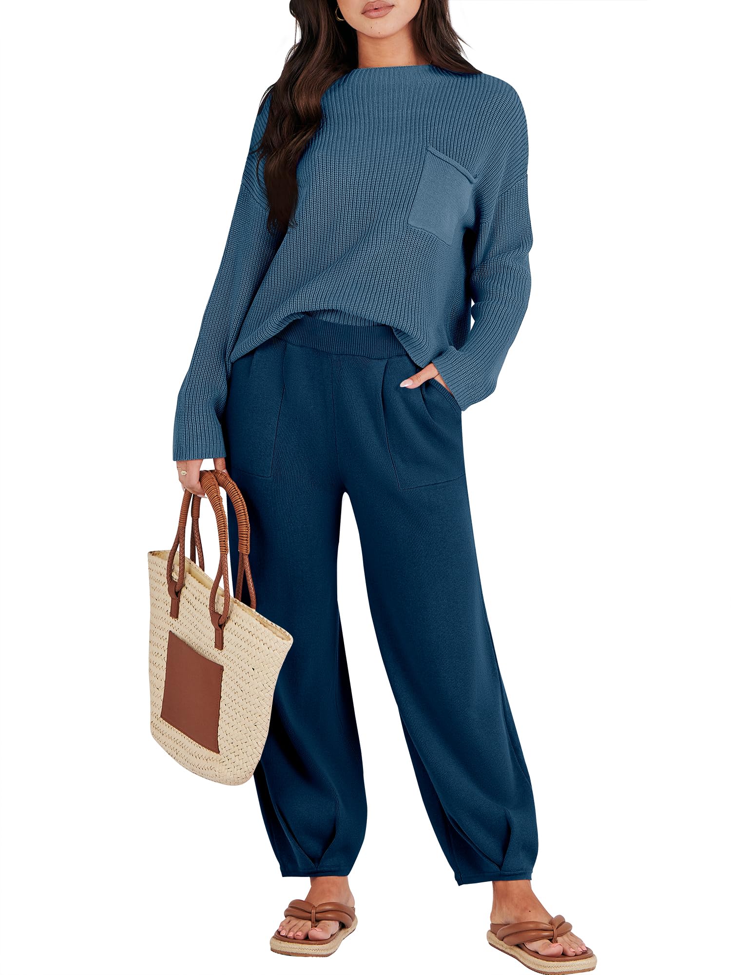 Caracilia Women's 2-Piece Sweater Set - Long Sleeve Knit Top & Loose Pants Matching Lounge Outfit | Cozy Fall Winter Tracksuit for Home, Office & Casual Wear
