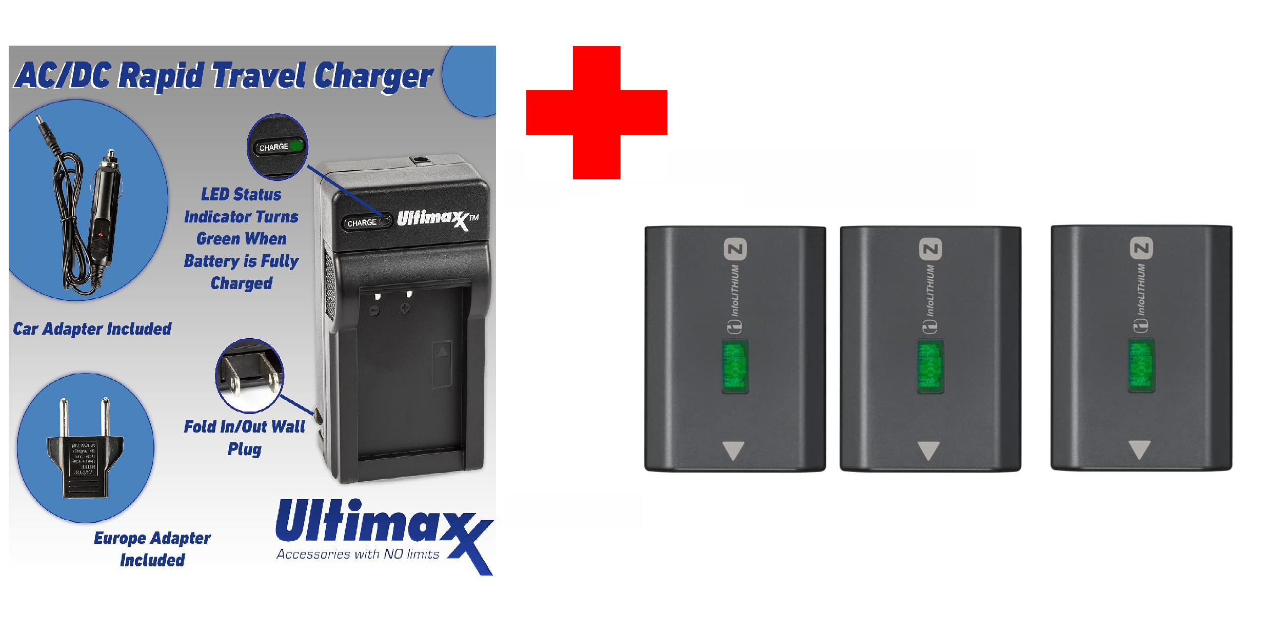 3-Pack Sony NP-FZ100 Rechargeable Lithium-Ion Battery with Ultimaxx AC/DC Rapid Charger - 2280mAh for Sony Alpha A7 III, A7R III, A9 Digital Cameras - Perfect for Travel, Photography & Professional Shoots