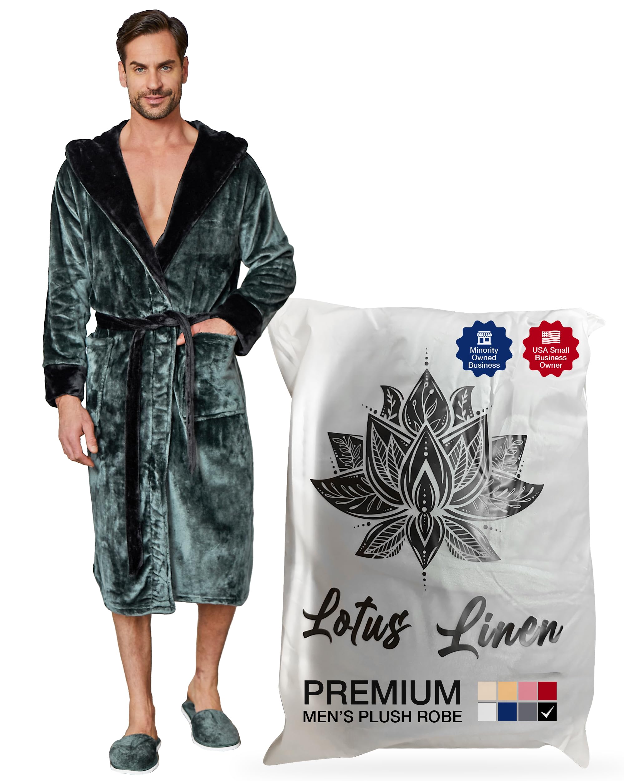 Premium Men's Plush Hooded Bathrobe - Ultra Soft Long Linen Robe for Spa, Lounge & Home Relaxation - Luxury Cotton Terry Cloth Robes for Men