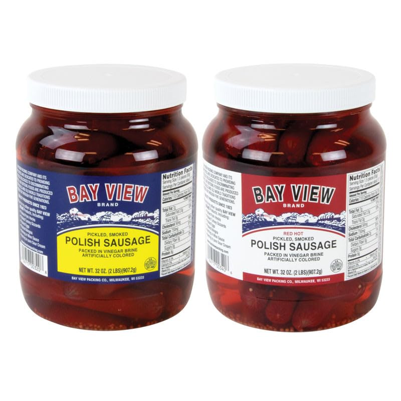 Wisconsin Made Bay View Packing Company 32 oz Pickled Polish Sausage - Original & Hot Spicy Flavor 2-Jar Set | Perfect for Snacking, Charcuterie Boards & Game Day Parties