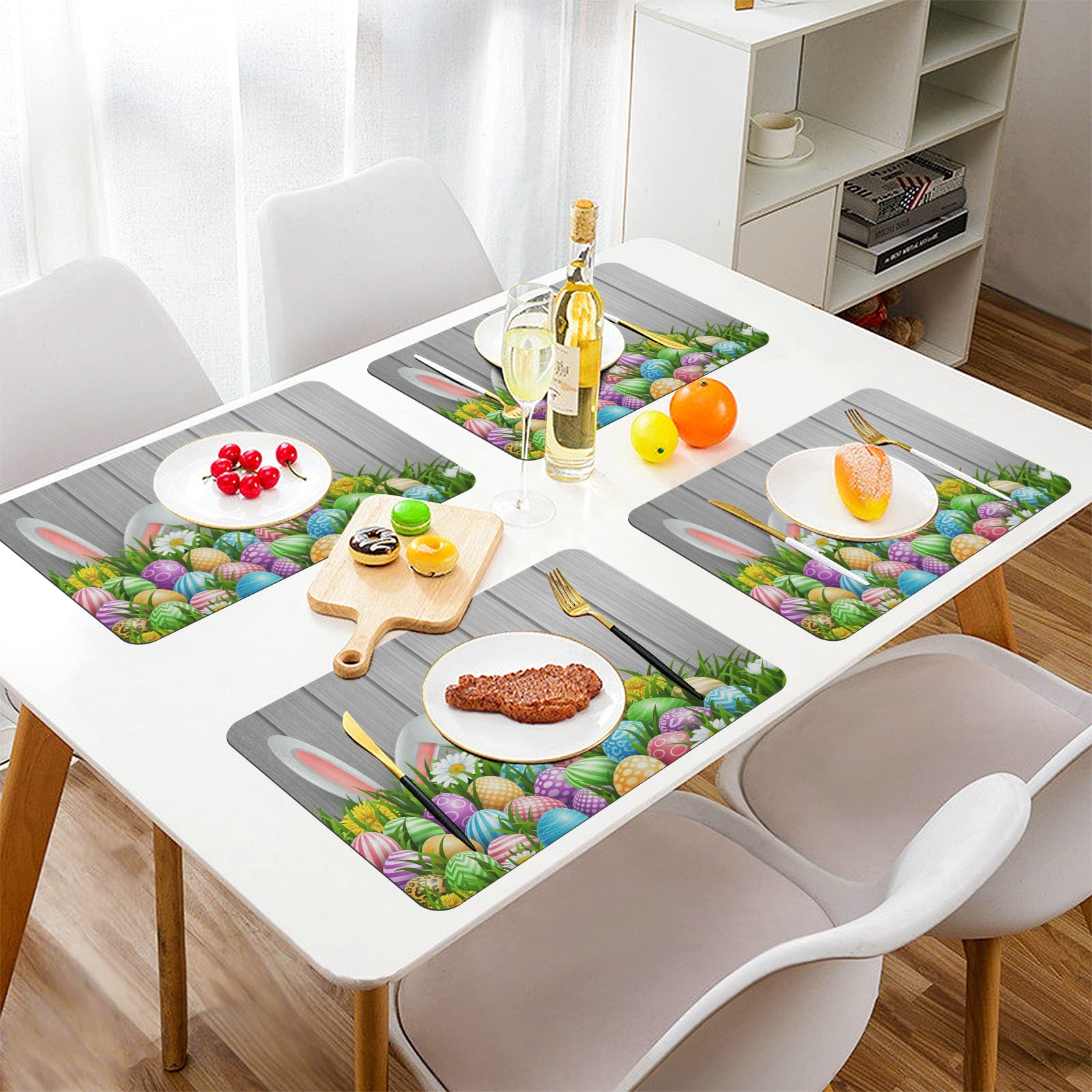Easter Bunny Ears & Flowers Leather Placemats Set of 4 - Waterproof Wipeable Table Mats for Dining Kitchen - Easy to Clean Wooden Table Decor for Easter Brunch & Holiday Gatherings