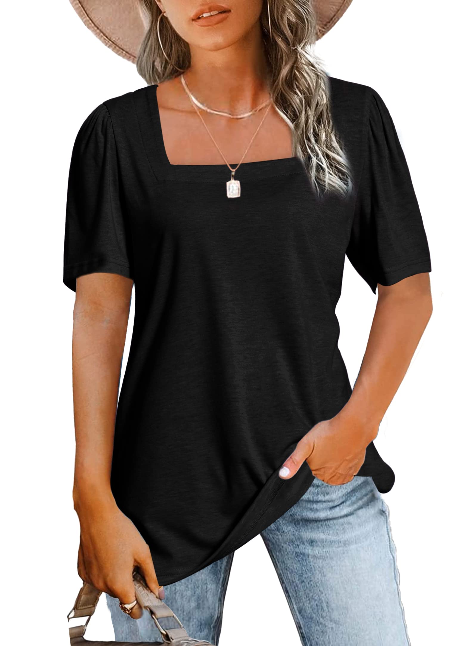 JomeDesign Women's Casual Short Sleeve Square Neck Tops - Puff Sleeve Loose Blouse for Summer | Perfect for Beach Outings, Date Nights & Casual Wear