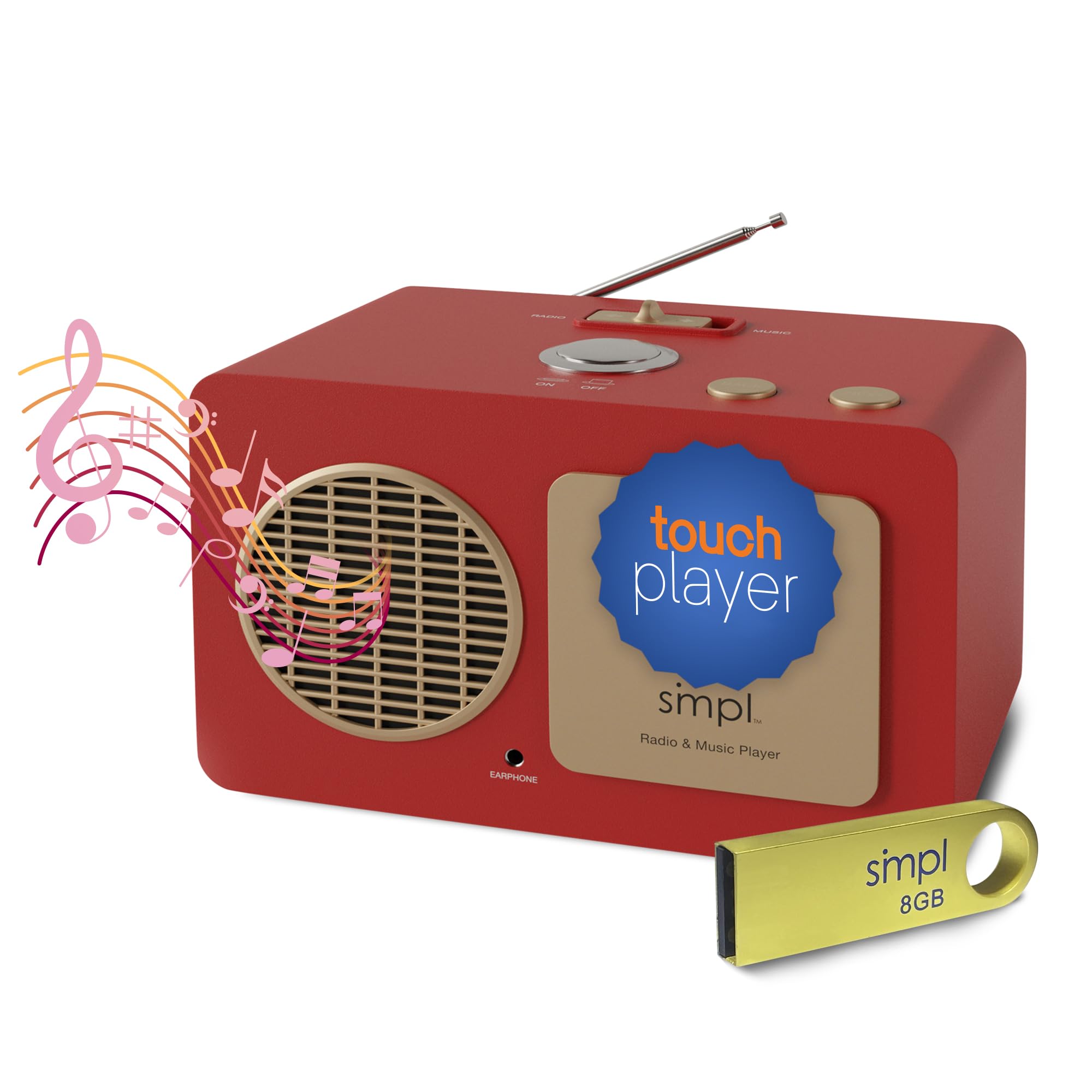 Easy One-Touch Music Player & Radio for Seniors - MP3 Player with Audiobooks, 8GB USB Preloaded with 75 Classic Songs, Durable Wooden Retro Design - Perfect for Elderly Care, Nursing Homes & Memory Therapy (Red)