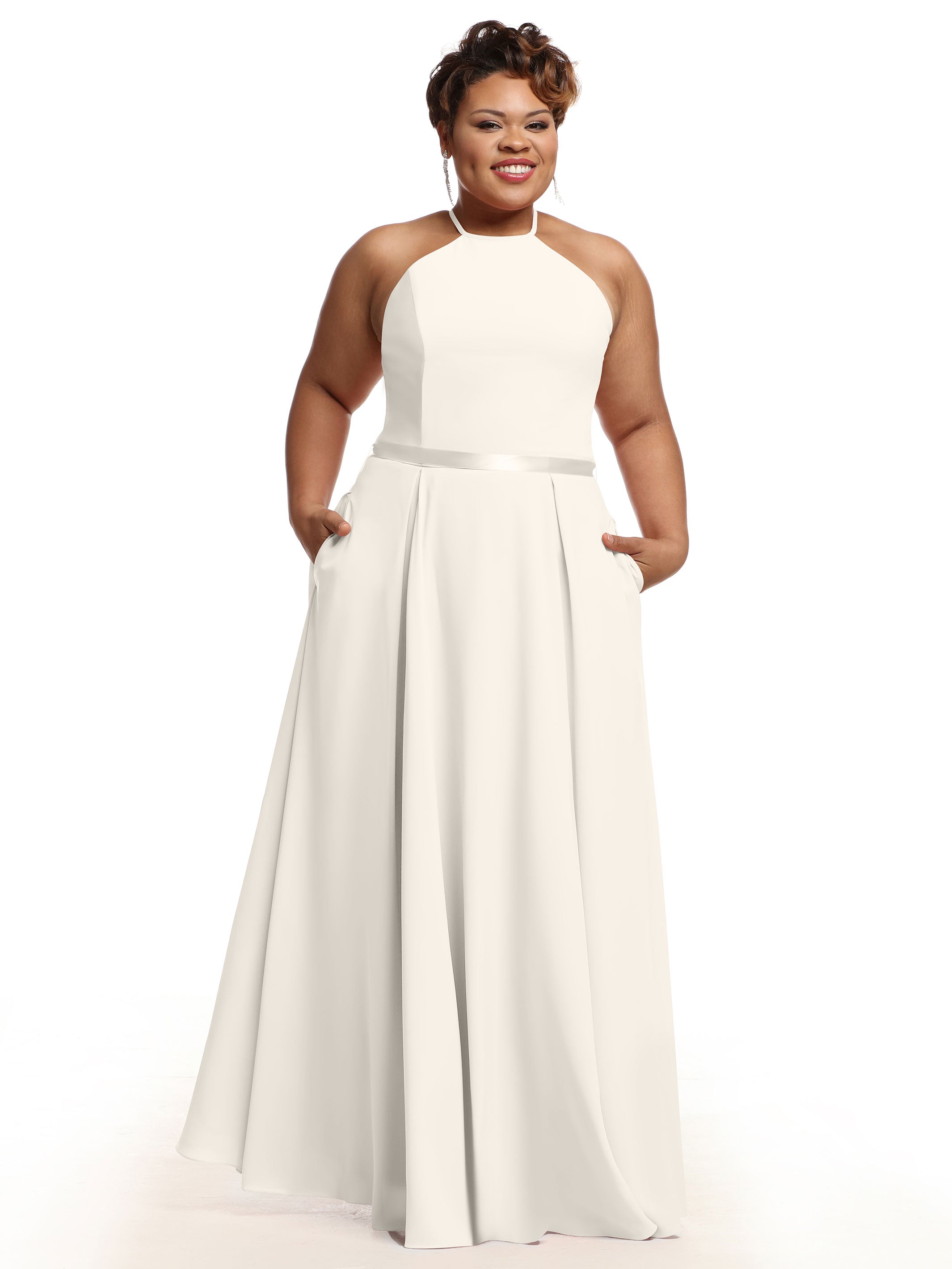 Elegant A-Line Stretch Chiffon Bridesmaid Dress with Halter Neckline & Waist Belt - Perfect for Weddings, Formal Events & Special Occasions