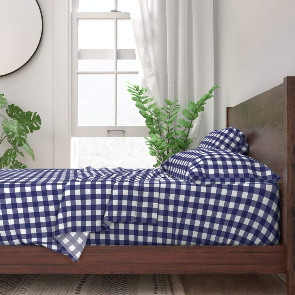 Spoonflower 100% Cotton Twin Sheet Set 3-Piece - Delft Check Plaid Buffalo Navy Indigo Blue White Baby Boy Nursery Rustic Cabin Print Custom Bedding | Soft & Breathable for Kids Room, Guest Bed, Cabin Decor
