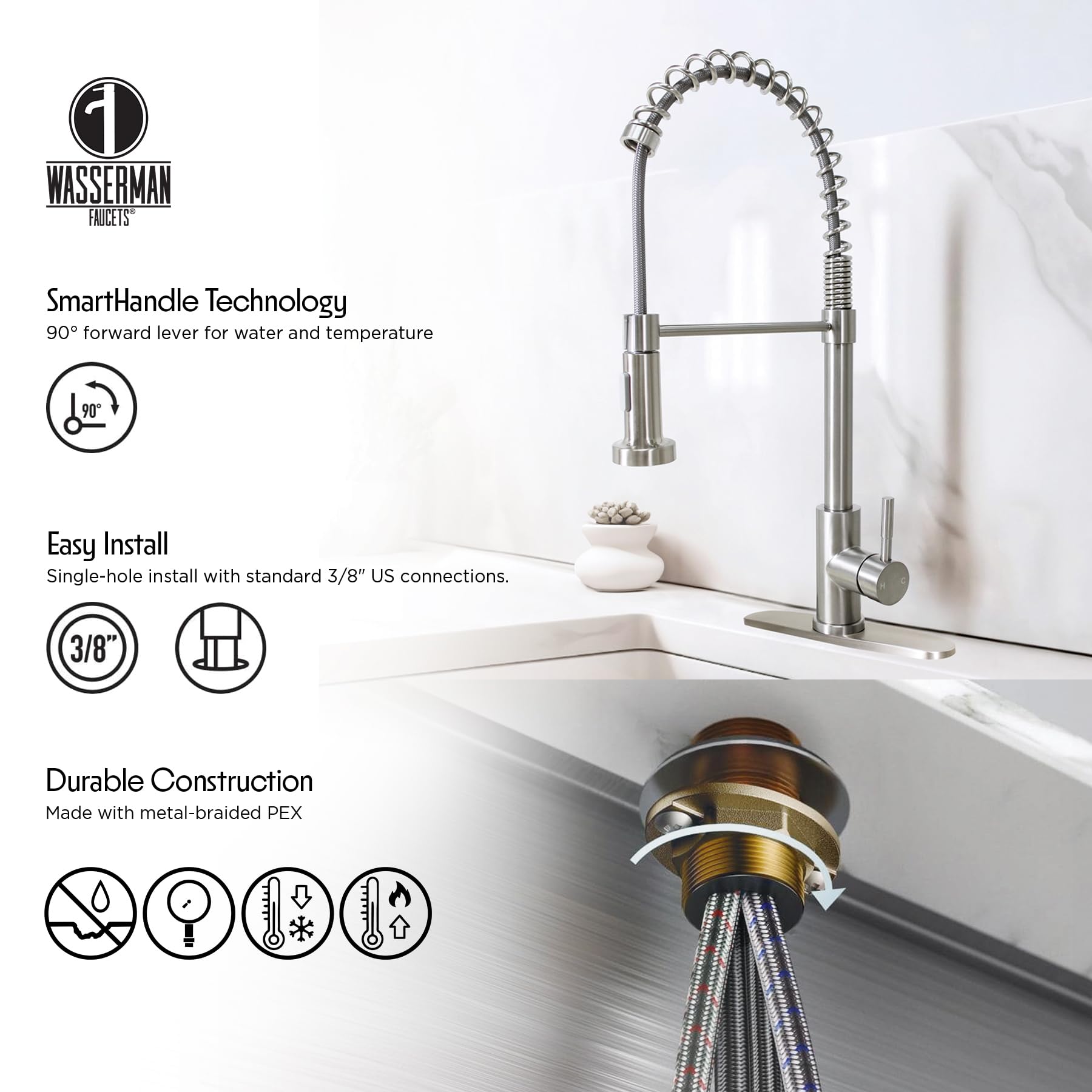 Wasserman S1500123 Stainless Steel Single Handle Pull Down Sprayer Kitchen Sink Faucet - Perfect for Modern Home, Restaurant & Commercial Use