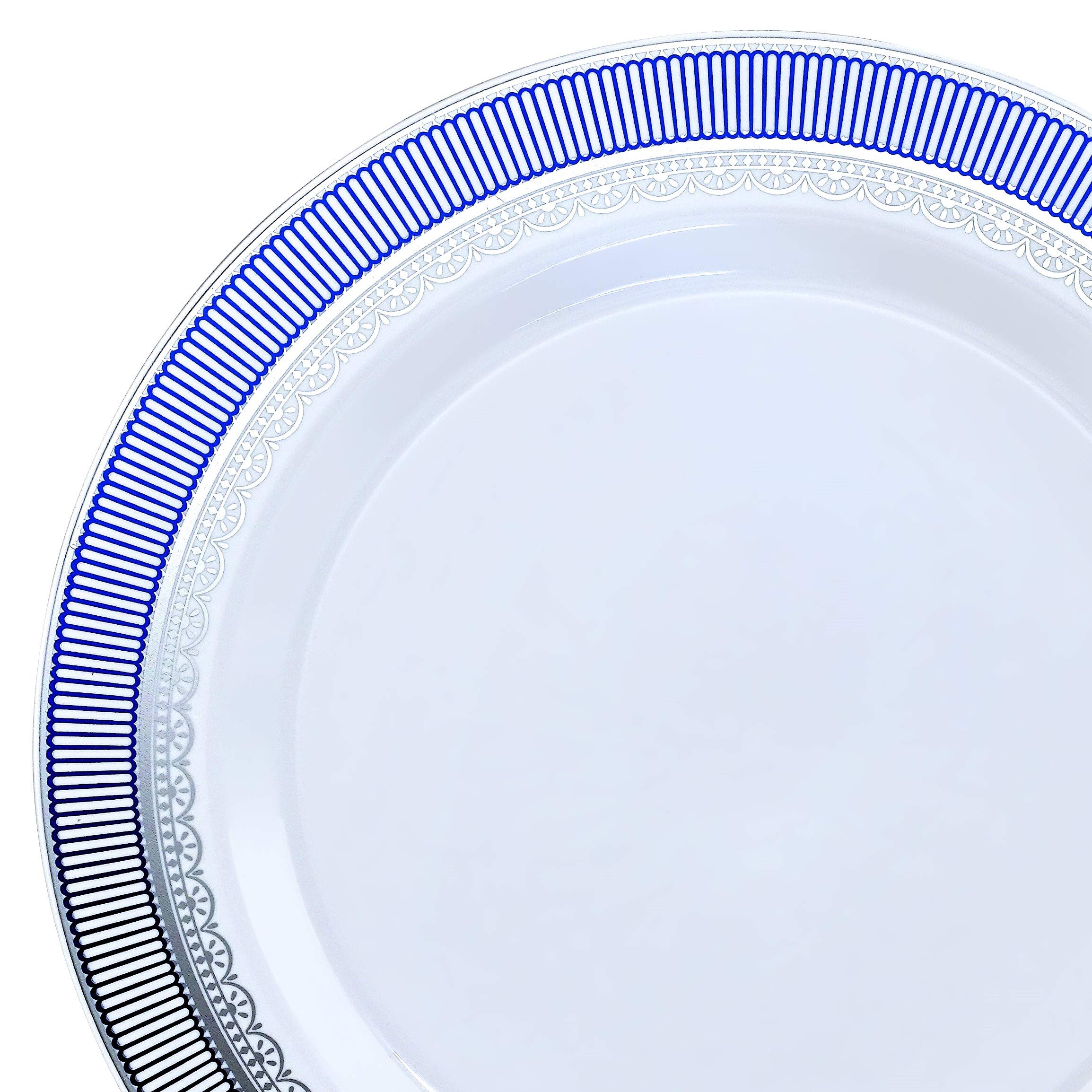 240 Heavyweight Disposable Plastic Plates for Weddings & Parties - 6.25'' Dessert Plates in Louvre White/Blue & Silver - Elegant Dinnerware for Birthday Celebrations, Baby Showers & Special Events