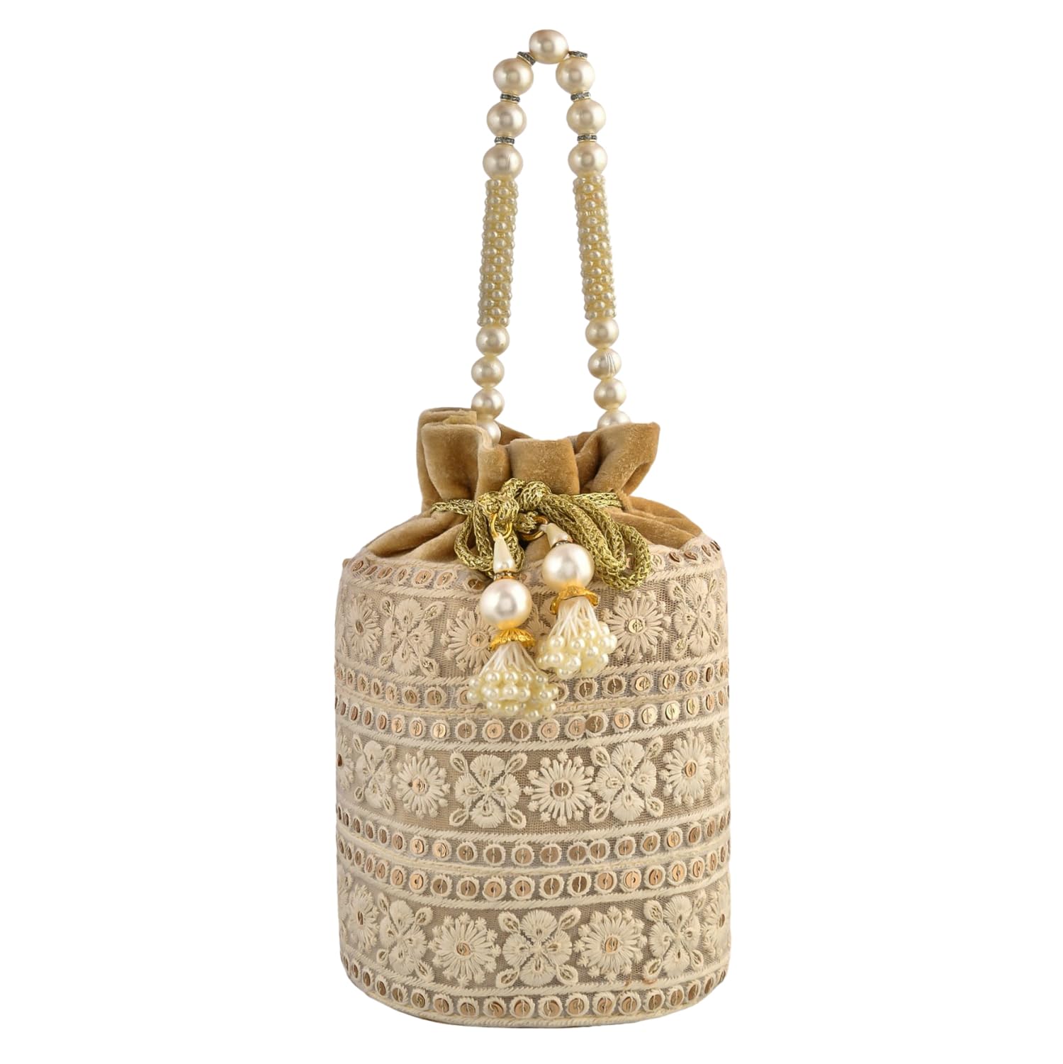 Luxury Velvet Lucknowi Embroidered Potli Bags for Women - Traditional Indian Ethnic Drawstring Purse with Pearl Handle - Perfect for Weddings, Parties & Festivals - Golden    (Ideal for bridal accessories, cultural events, Diwali celebrations, and as elegant gift packaging)