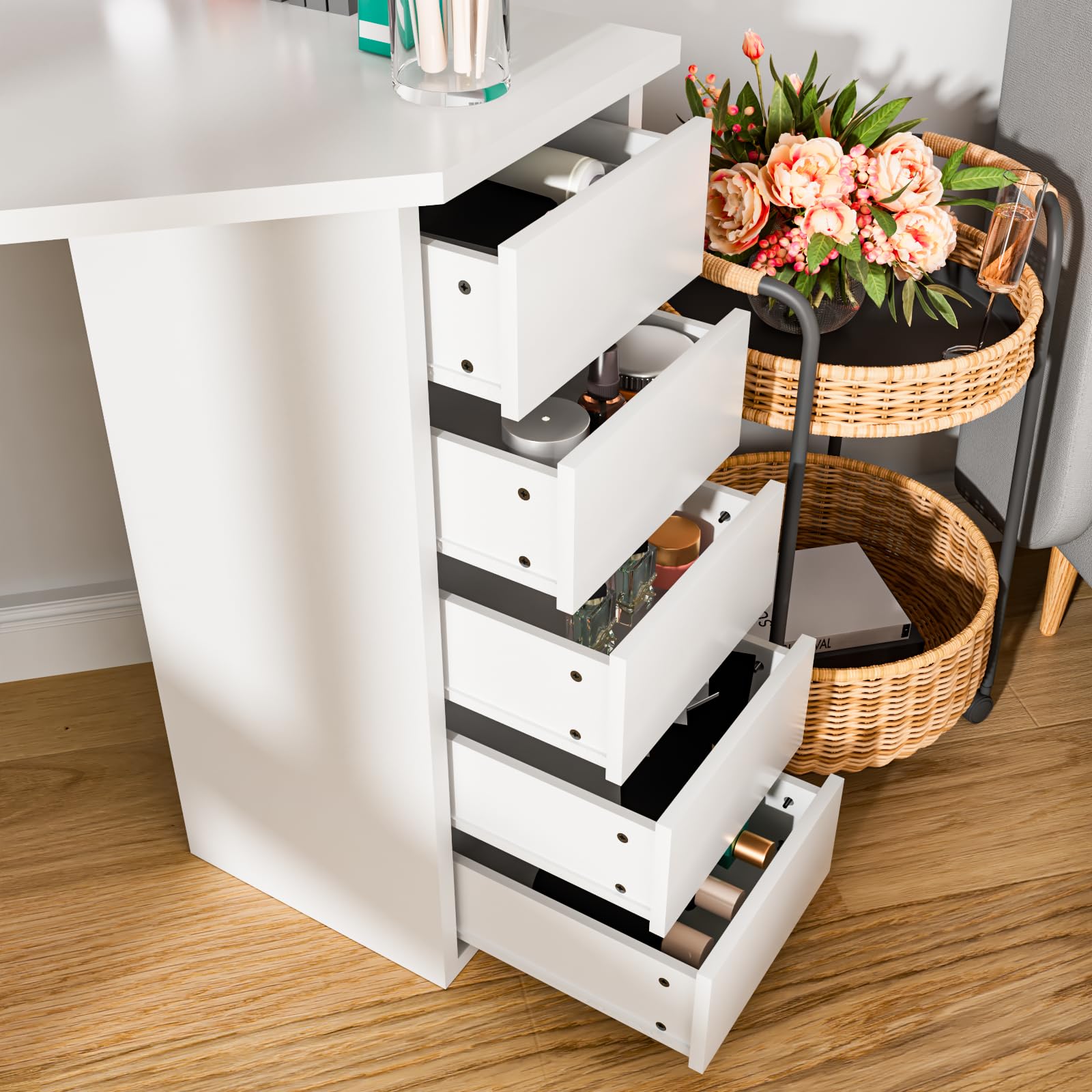 White Vanity Desk with Mirror & LED Lights - 5-Drawer Makeup Dressing Table for Women & Girls | Perfect for Bedroom, Dorm Room, and Small Spaces