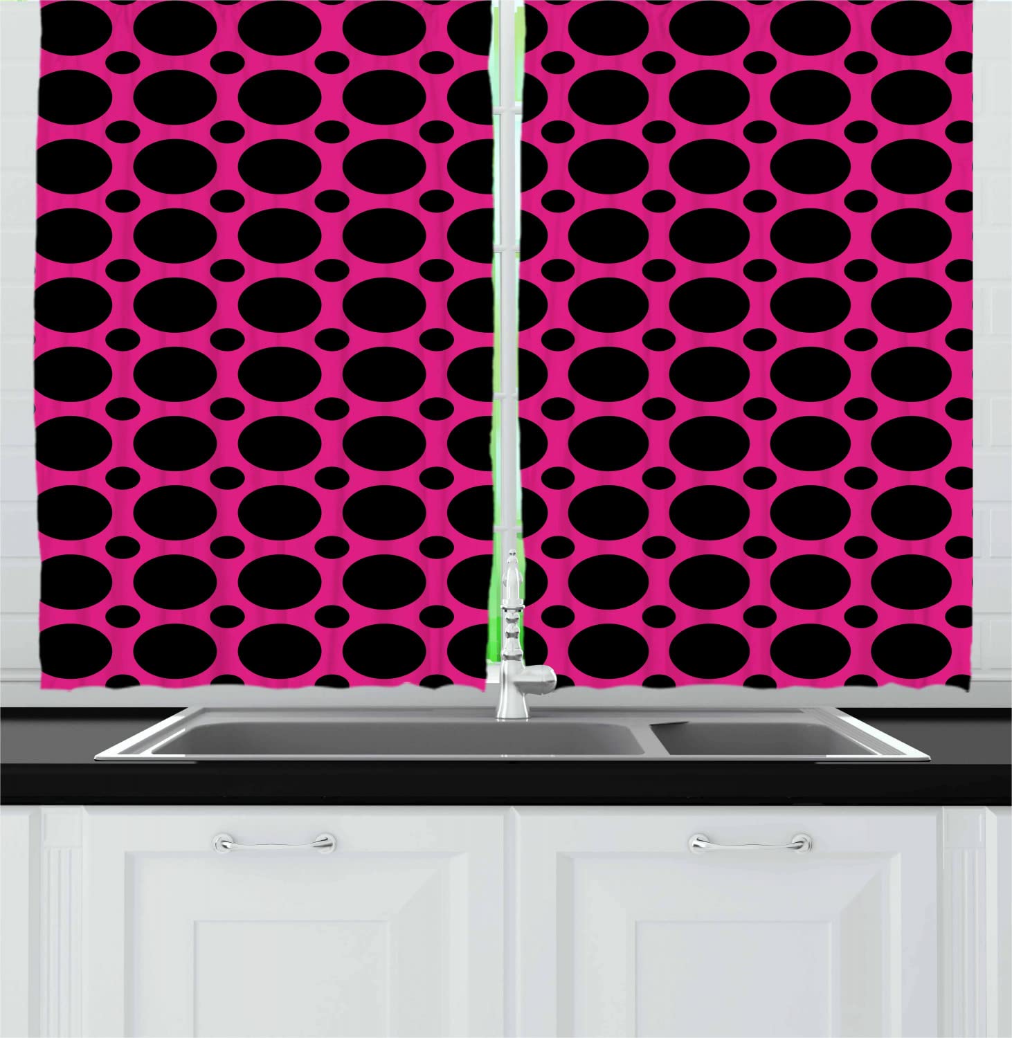 Ambesonne Hot Pink Long Kitchen Curtains - Vintage Polka Dot Design with Symmetrical Pattern, 2 Panel Rod Pocket Drapes for Windows (55x45 Inches) | Perfect for Farmhouse, Retro & Boho Style Home Decor