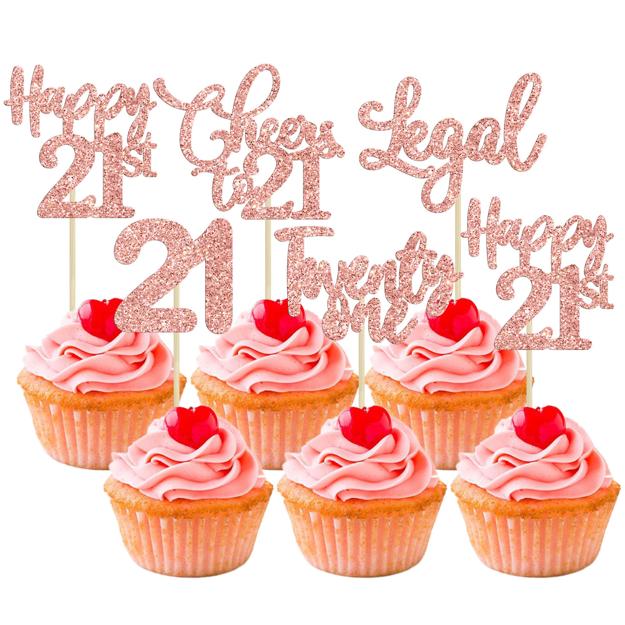 30 Pack Rose Gold Glitter 21st Birthday Cupcake Toppers - Happy Twenty-One Cheers to 21 Years Old Cake Decorations for Anniversary Party, Wedding, Baby Shower & Celebration Events