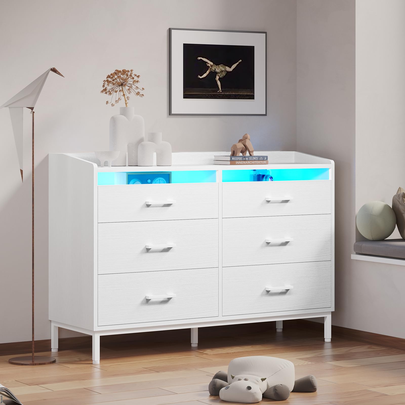 EPHEX 6-Drawer LED Dresser with Acrylic Light - White Wooden Storage Cabinet for Bedroom, Closet & Nursery Organization - Perfect for Modern Home Decor & Small Space Storage Solutions