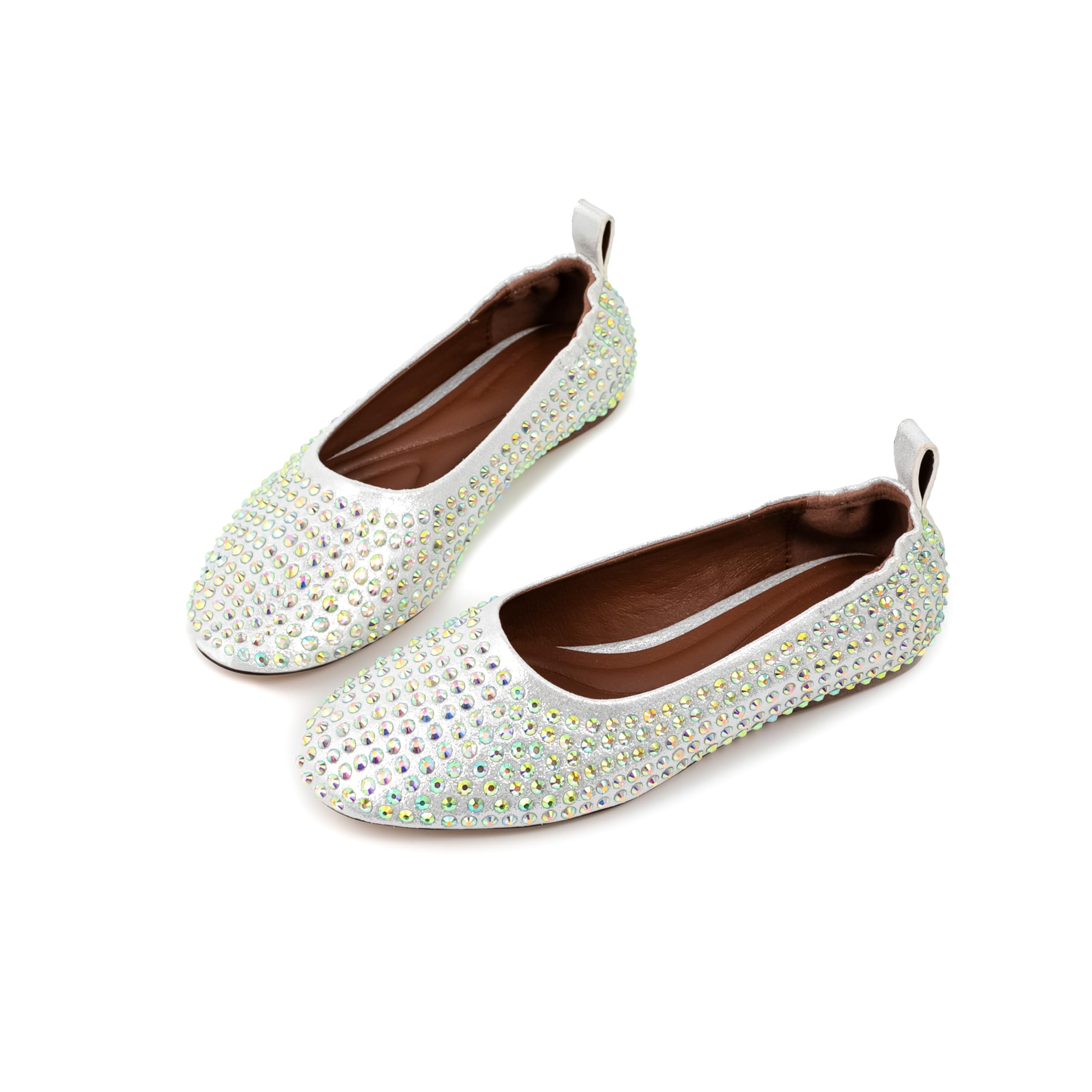 Sparkling Rhinestone Round Toe Ballet Flats for Women - Silver Comfortable Rubber Sole Casual Shoes | Perfect for Office, Parties & Everyday Wear