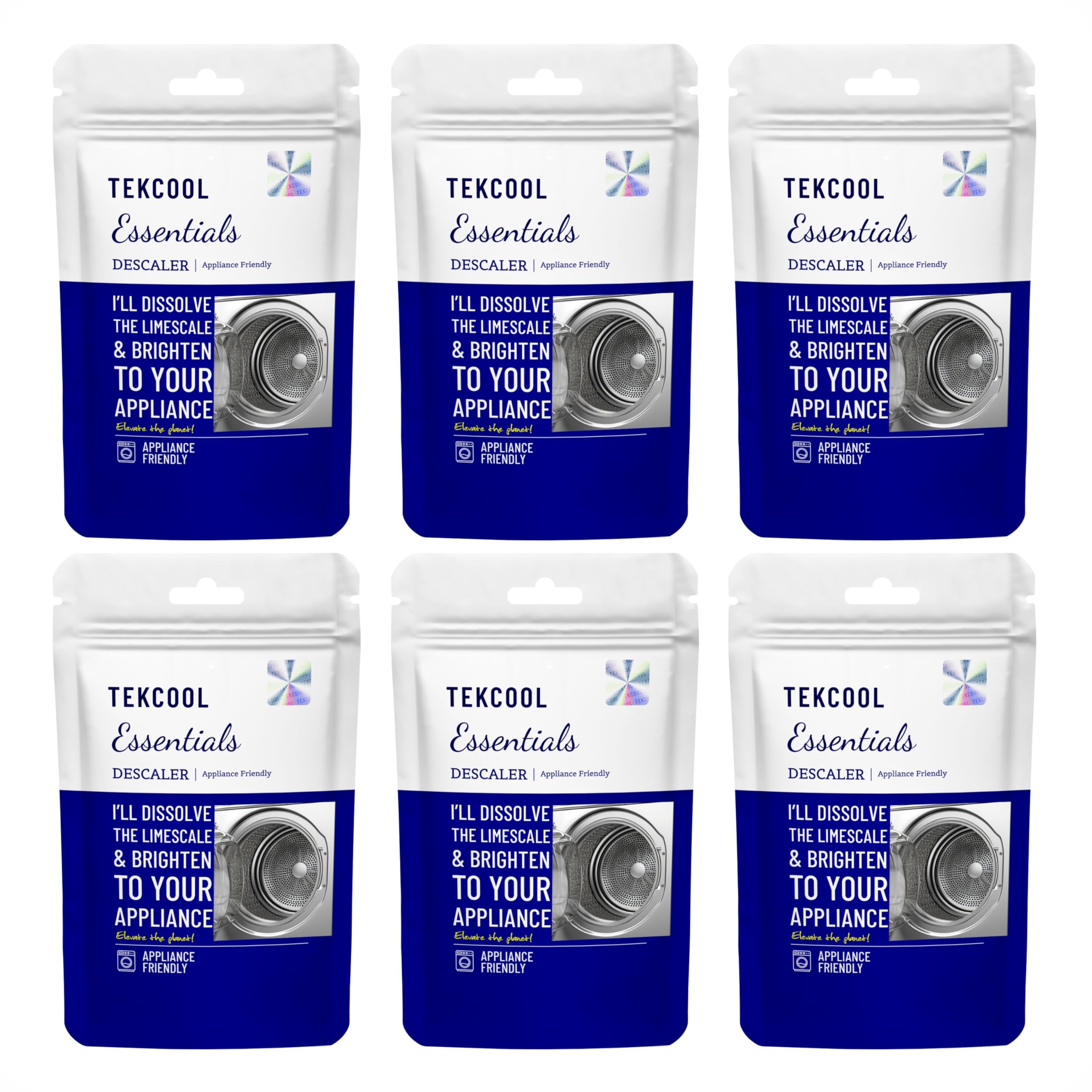 TEKCOOL Washing Machine Cleaner & Descaler - Front Load & Top Load Washer Cleaning Powder, Descaling Treatment (6-Pack, Blue) - Removes Odors, Limescale & Residue for Fresh, Efficient Laundry