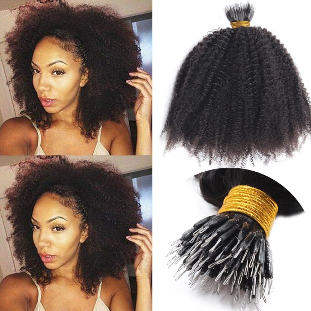 Microlink Afro Kinky Curly Nano Ring Human Hair Extensions - Pre-Bonded Brazilian Remy Hair - 100g 100 Strands (18 Inch, Jet Black #1) - Natural Curly Hair Extensions for Black Women - Perfect for Daily Wear, Parties & Special Occasions