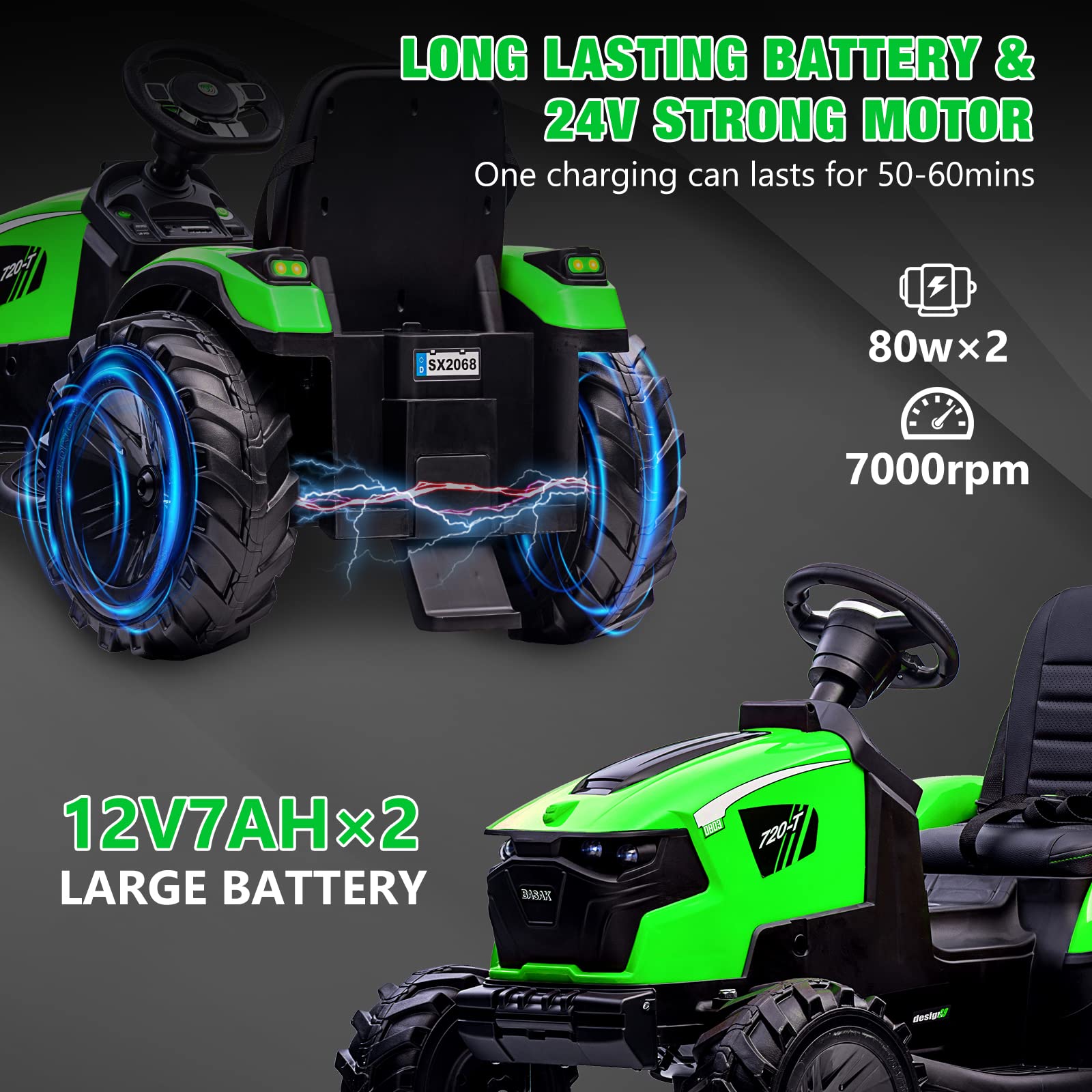 GARVEE 24V Electric 3-in-1 Ride-On Tractor with Excavator & Bulldozer - Remote Control, LED Lights, Music, USB/Bluetooth - Supports Up to 66 lbs - Bright Green - Perfect for Kids Outdoor Play & Construction Pretend Games