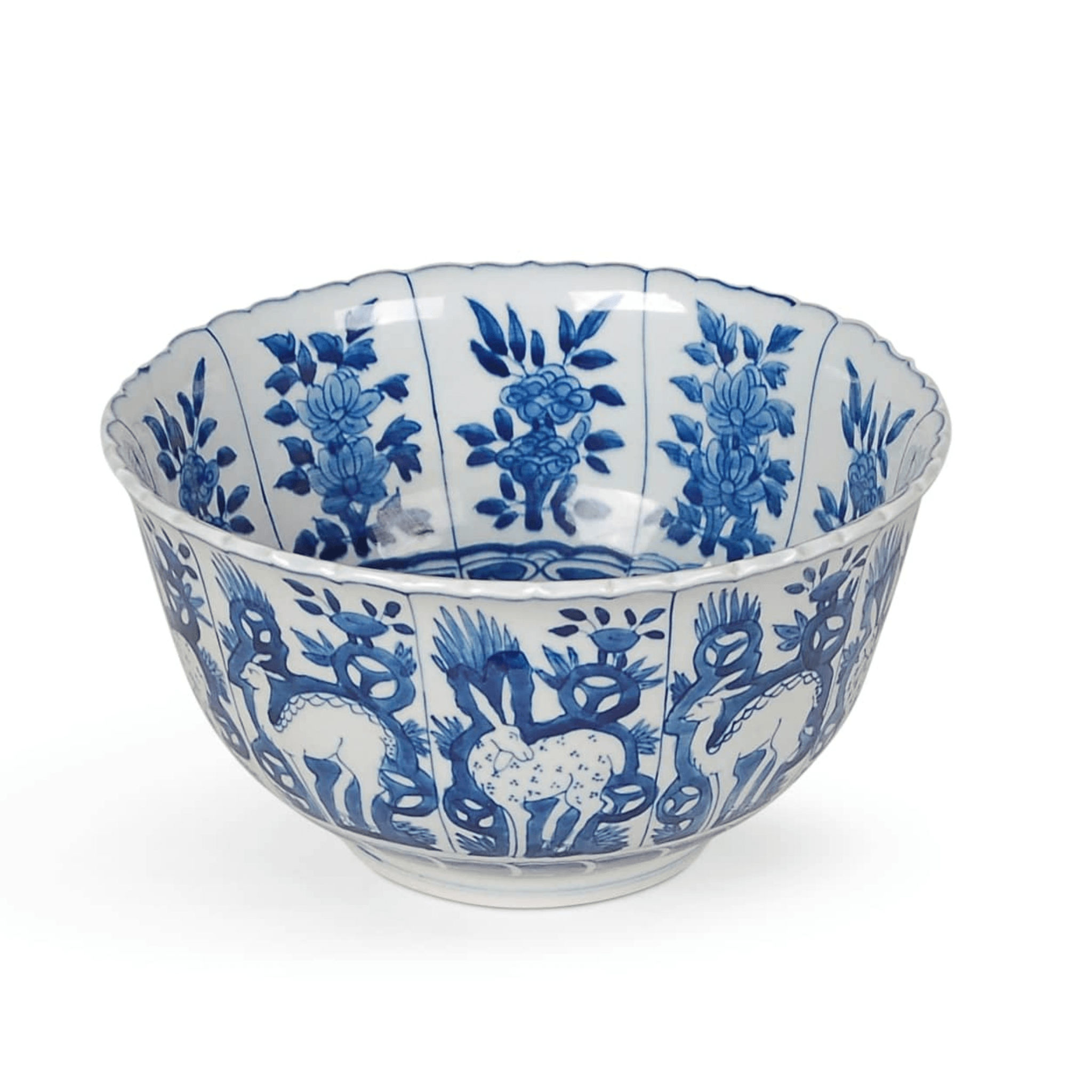 Hand-Painted Blue and White Porcelain Bowl with Floral and Animal Motifs - Perfect for Serving, Decor, and Gift Giving