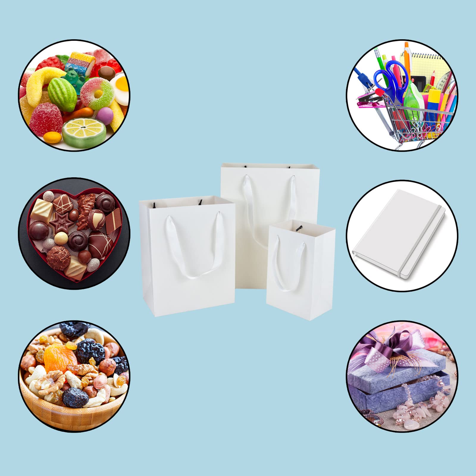 HUAPRINT 30 Pack Kraft Paper Bags - White Gift Bags with Handles, Shopping Bags for Retail (5.25X3.75X8, 8X5X10, 10X5X13 Inches, 10 Each) - Perfect for Merchandise Packaging, Party Favors & Boutique Stores