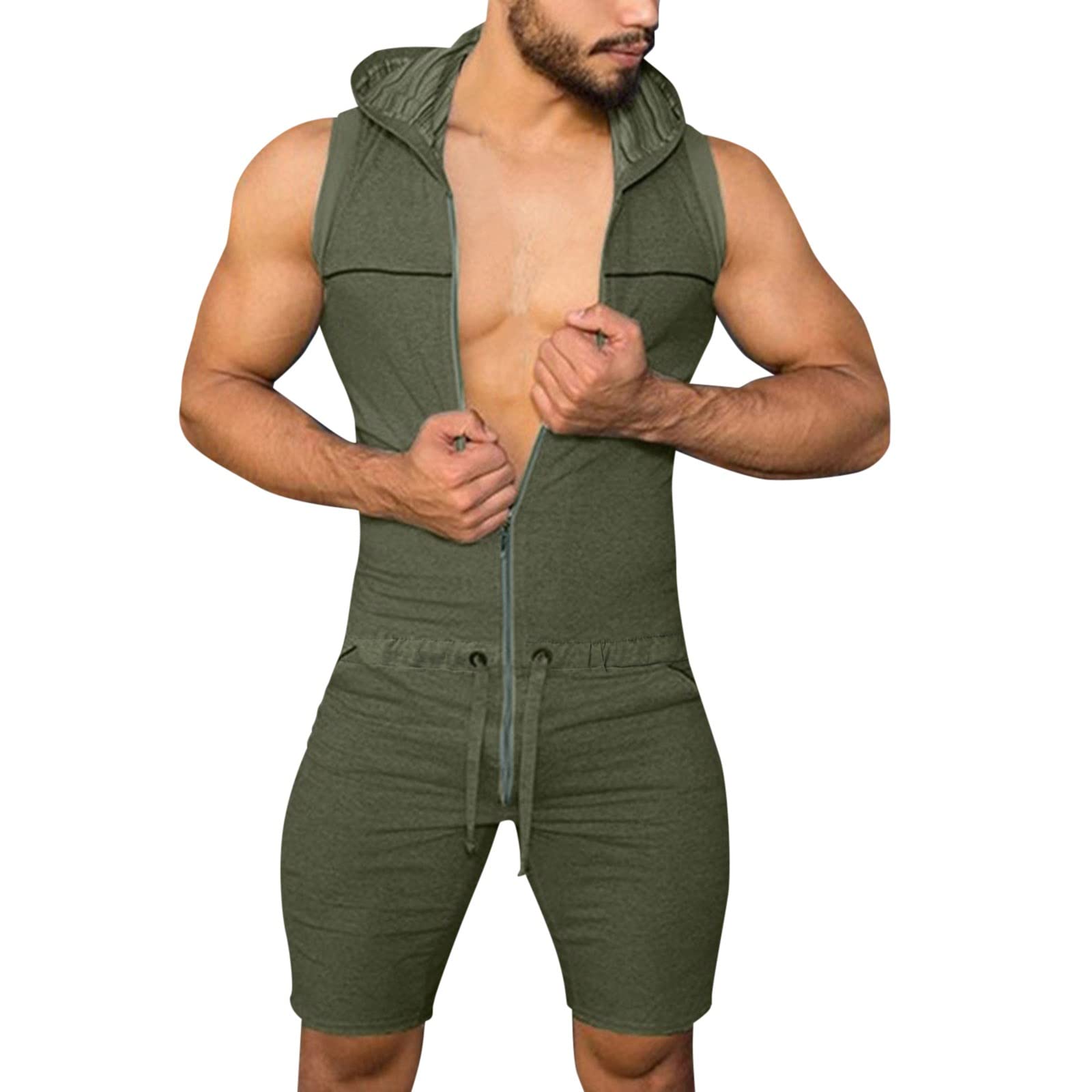 **Men's Hooded Zippered Jumpsuit with Pockets - Solid Color One-Piece Outfit for Casual Wear, Street Style & Outdoor Activities**