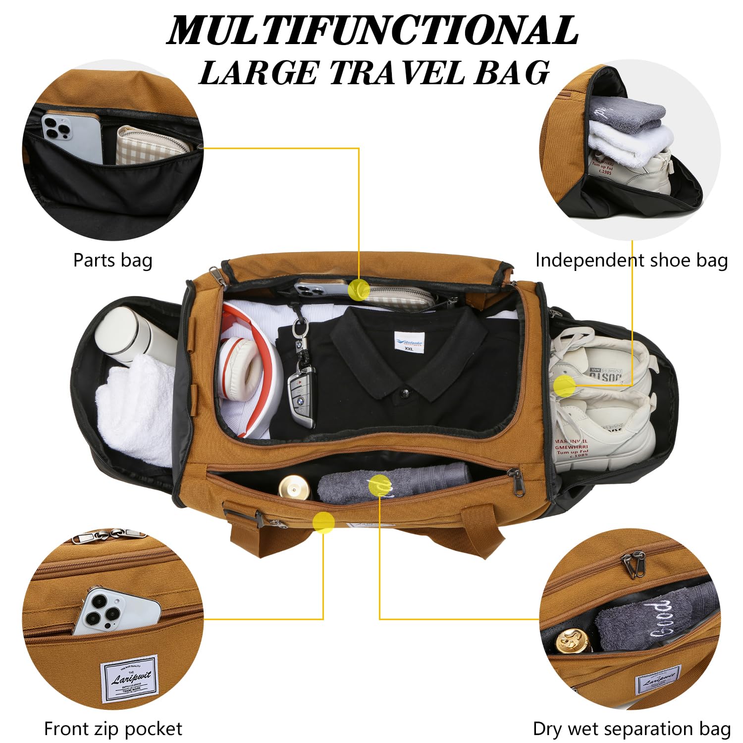 **Laripwit 40L Lightweight Gym Bag for Men & Women - Durable Sports Duffel with Shoe Compartment & Wet Pocket - Perfect for Travel, Workout, Weekender & Overnight Trips - Brown**    *(Use Cases: Ideal for gym workouts, sports travel, weekend getaways, business trips, and daily commuting.)*