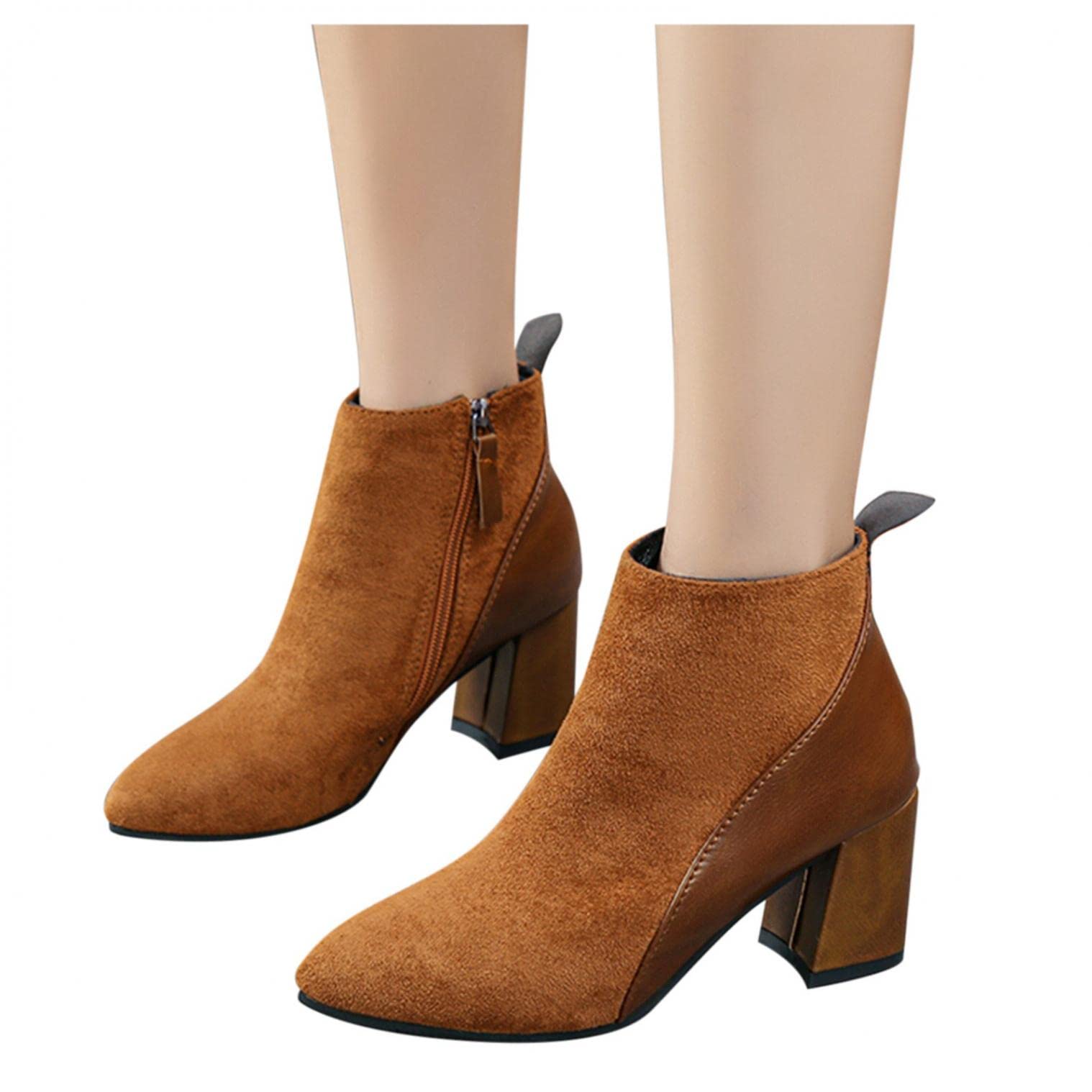 Women's Chunky Low Heel Ankle Boots - Faux Leather Pointed Toe Side Zipper Booties | Fashionable & Comfortable Shoes for Casual Wear, Office & Night Out