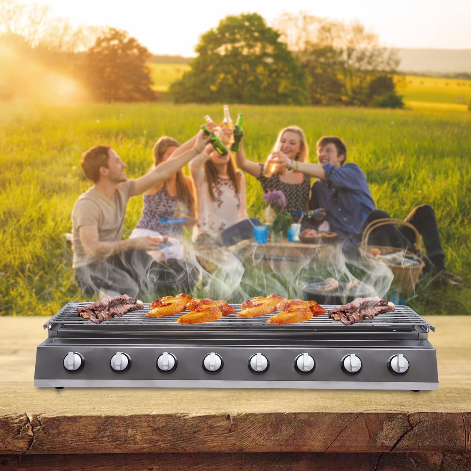 8-Burner Commercial Gas BBQ Grill - 2800PA Stainless Steel LPG Grill for Outdoor Cooking, Camping & Backyard Parties - Portable Tabletop Multi-Function Gas Grill