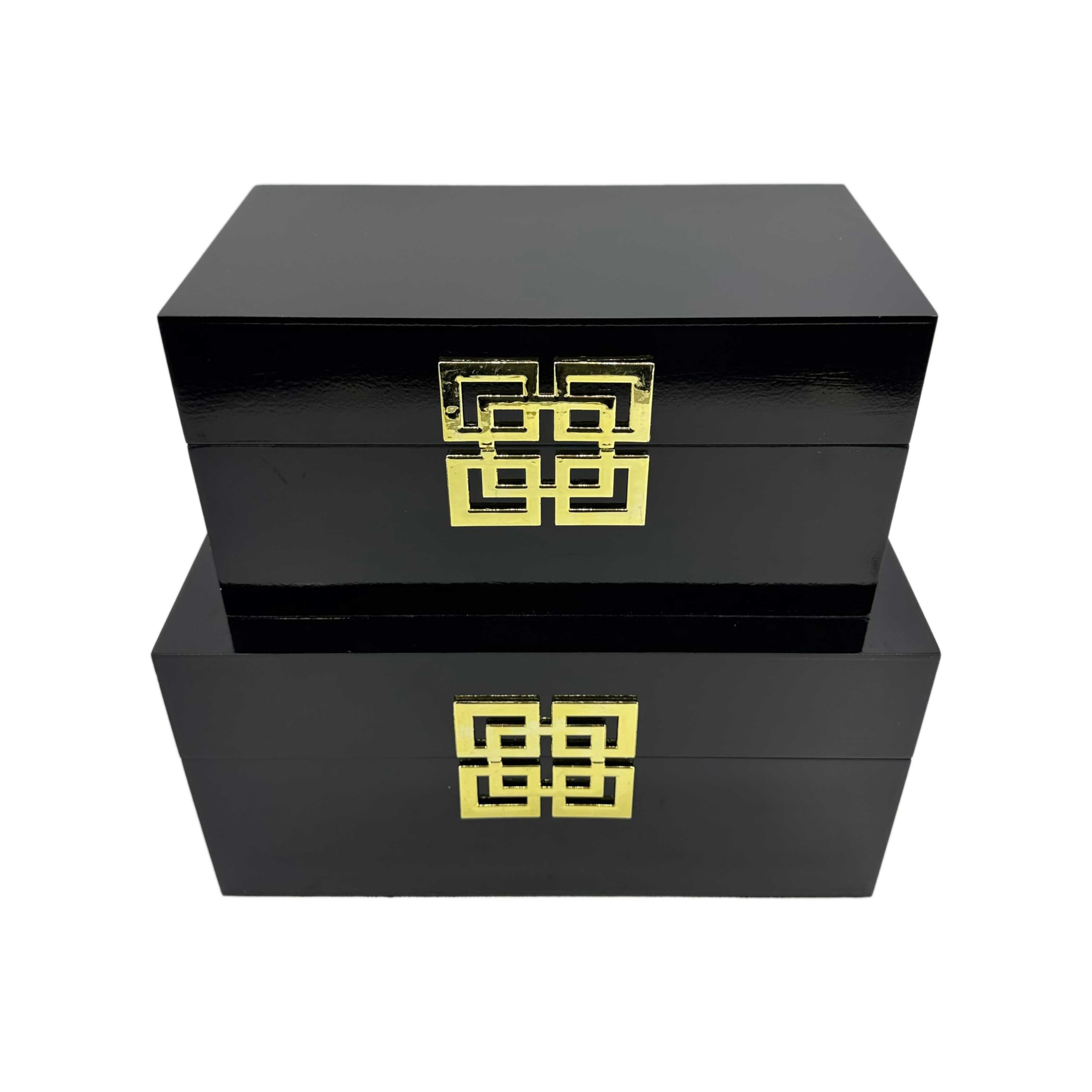 Decorative Wood Storage Box Set with Hinged Lid & Geometric Clasp - Classic Black & Gold Home Decor for Bedroom, Living Room & Office - Set of 2 (Perfect for Jewelry, Keepsakes & Home Organization)