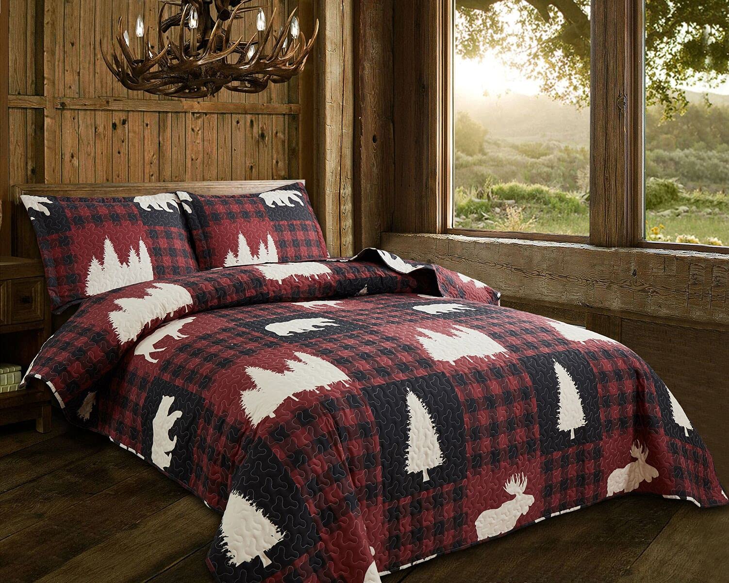 Rustic Buffalo Plaid Quilt Set Queen Size - Red & Black Lodge Bedspread, Lightweight Reversible Coverlet with Forest Moose Bear Design - Perfect for Cabin, Country Bedroom & Cozy Farmhouse Decor