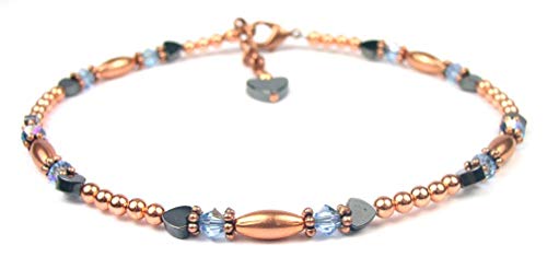 Handmade Aquamarine Beaded Ankle Bracelet - March Birthstone Jewelry with Genuine Solid Copper & Crystals | Adjustable Dainty Summer Anklet for Women (Small to XXL Plus Size) | Perfect for Beach Vacations, Weddings & Boho Fashion