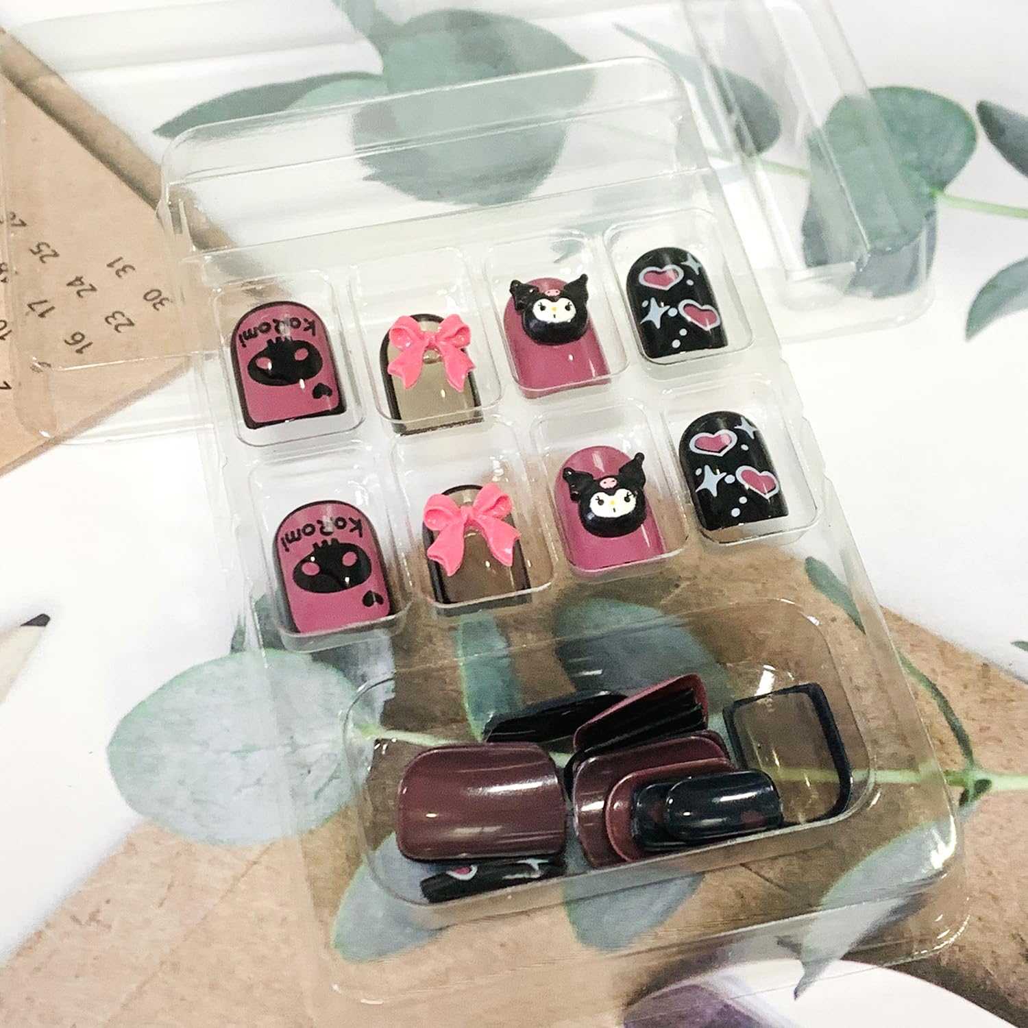 24Pcs Cute Short Square Press on Fake Nails - Glossy Black Acrylic False Nails with Heart Bow Designs for Women & Girls | Full Cover Artificial Nails with Glue | Perfect for Parties, Weddings & Daily Wear