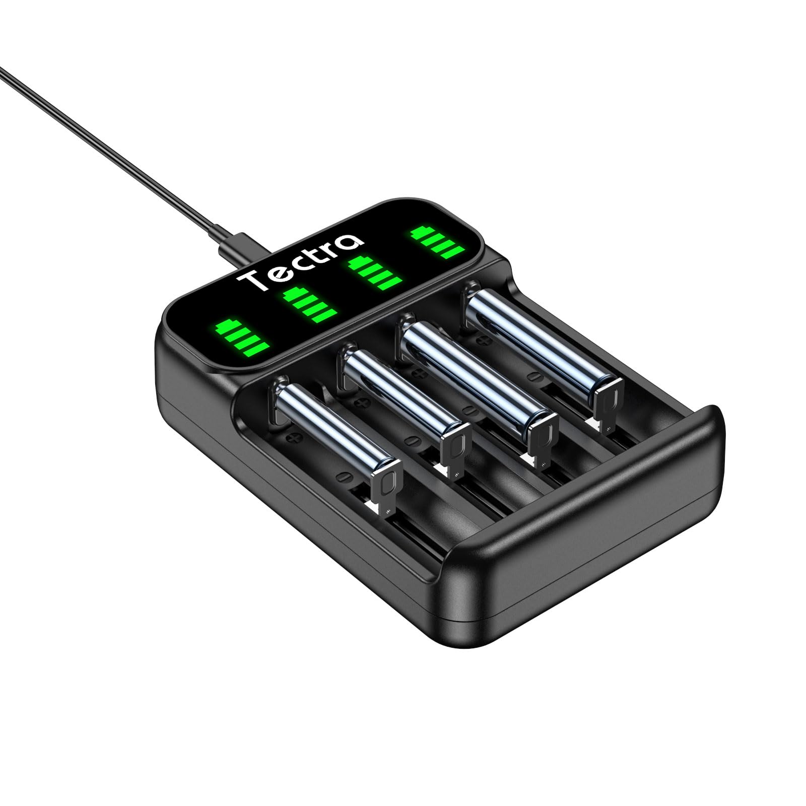 Fast 4-Slot Universal USB Battery Charger for Li-ion 18650/22650/26650 & Ni-MH AA/AAA - Smart LED Display Charging Station for Home, Office, and Travel Use