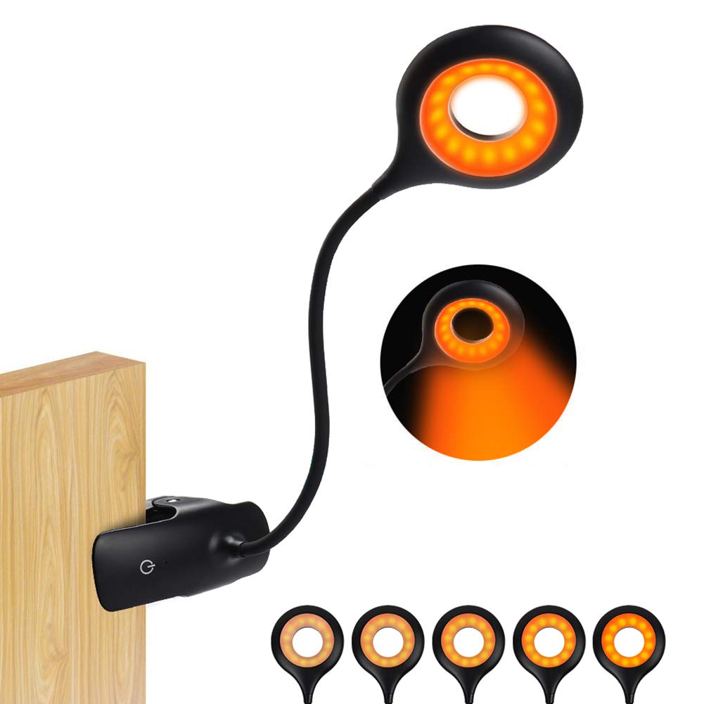 Rechargeable Clip-On Reading Light for Bed - Adjustable 5 Brightness Levels, Flexible Neck, Touch Control Dimmable Desk Lamp, Amber Night Light (Black) - Perfect for Reading in Bed, Studying, or as a Gentle Night Light