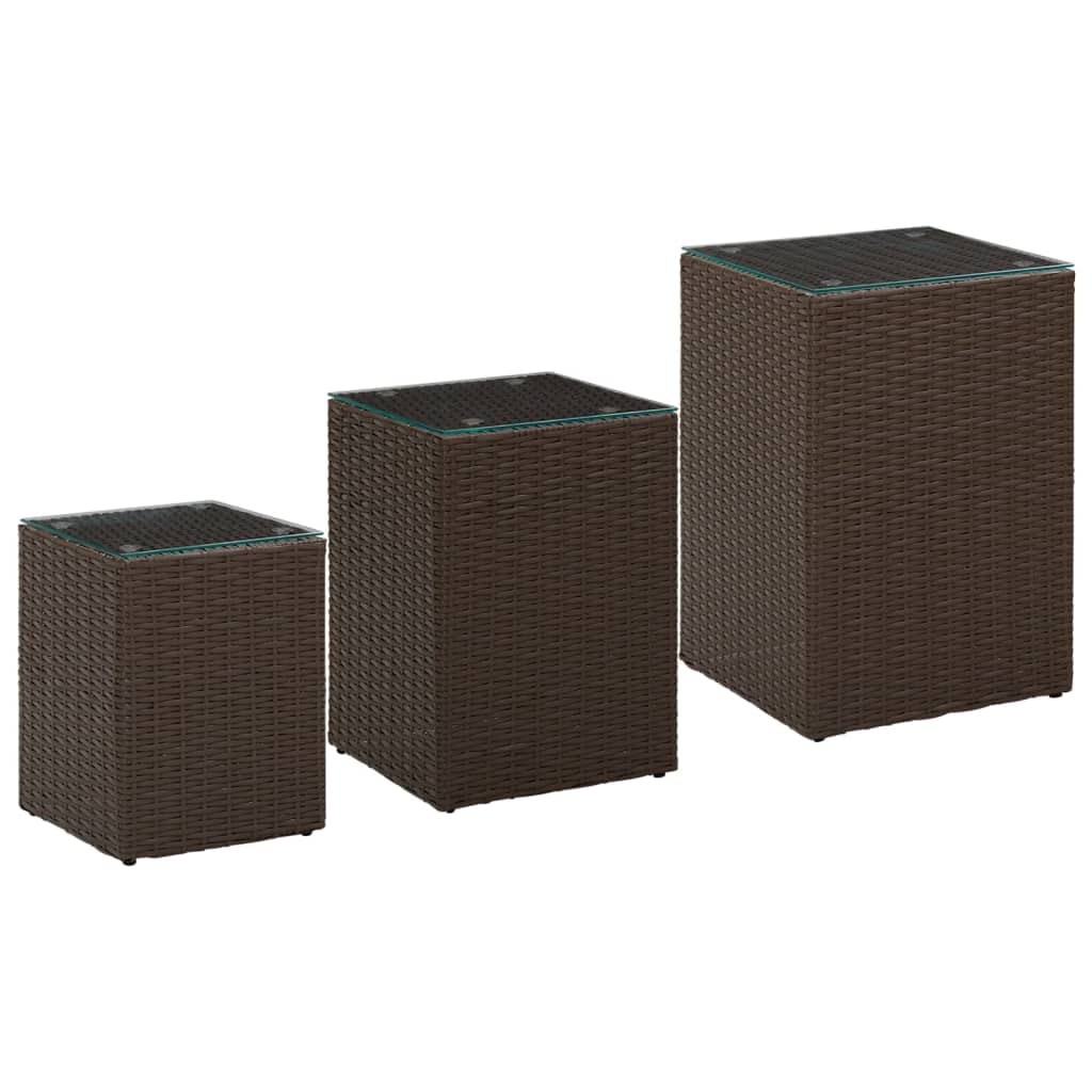 3-Piece Brown Poly Rattan Side Tables with Glass Top - Console Table, Coffee Table, End Table - Perfect for Living Room, Study, Bedroom & Hallway Decor