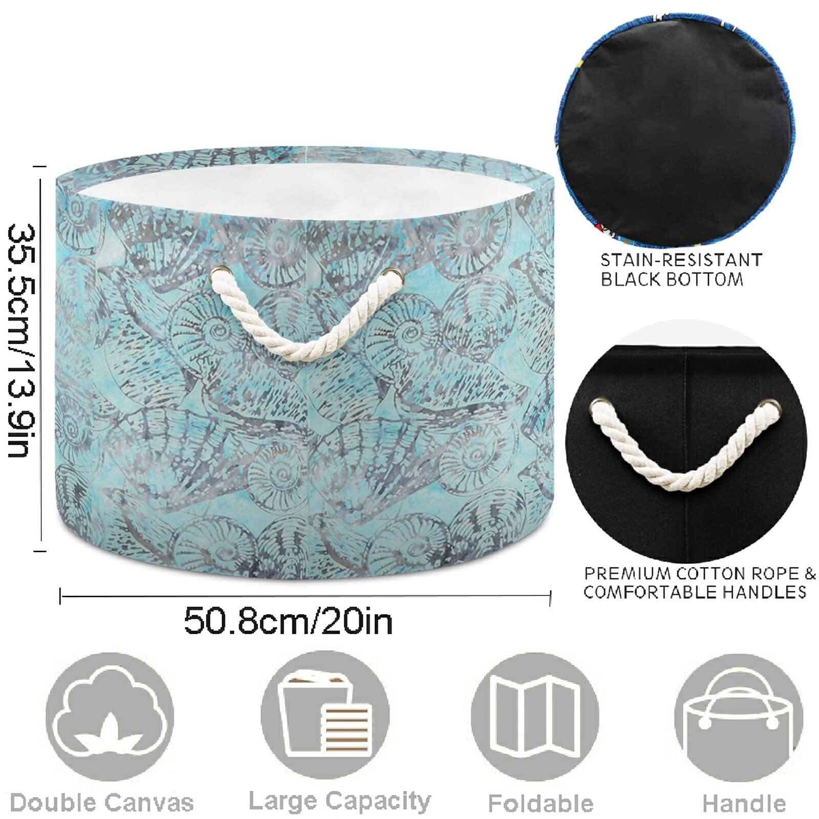 Visesunny Abstract Blue Shell Starfish Collapsible Fabric Storage Basket - Laundry Hamper, Toy Organizer & Clothes Bin for Bathroom, Bedroom, Nursery, Closet & Office | Perfect for Kids' Room Decor & Home Organization