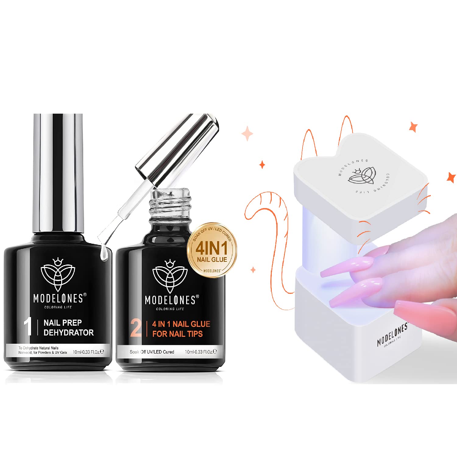 Modelones 4-in-1 Nail Glue Gel Kit with Nail Prep Dehydrator & Mini UV LED Nail Lamp - Professional Nail Extension & Repair for Salon, Home Manicure, DIY Nail Art