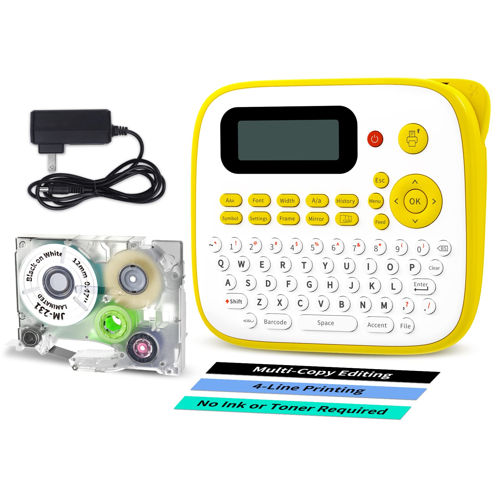 Oozmas Label Maker Machine with QWERTY Keyboard - Home, Office & School Organizing Tool with Tape & AC Adapter - One Touch Keys for Easy Labeling (Yellow) - Perfect for Pantry Organization, File Sorting & Classroom Supplies