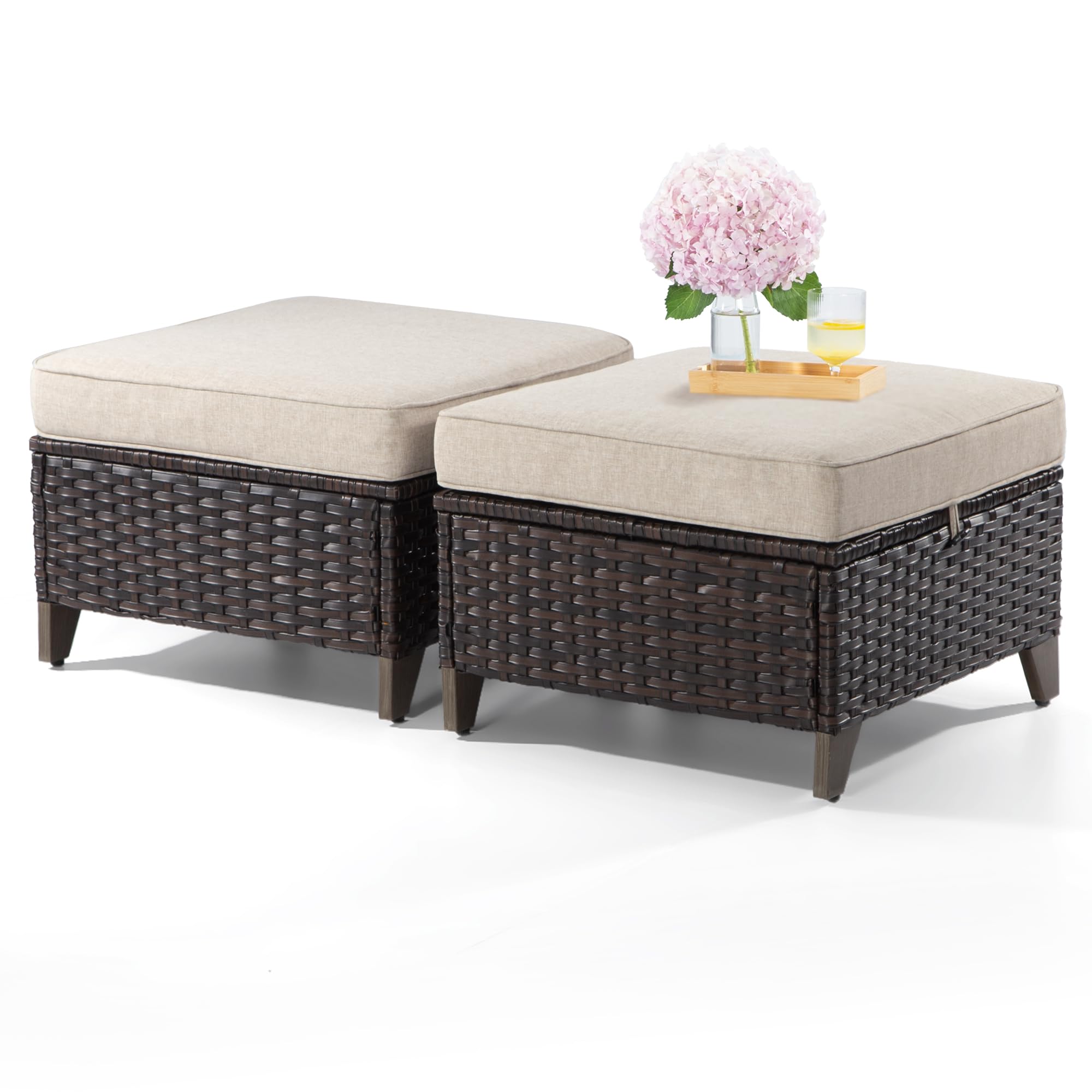 All-Weather Outdoor Rattan Ottoman Set of 2 - Waterproof Patio Footstools with Removable Cushions for Garden, Backyard, Porch (Brown/Beige) - Perfect for Poolside Lounging, Outdoor Entertaining & Relaxation