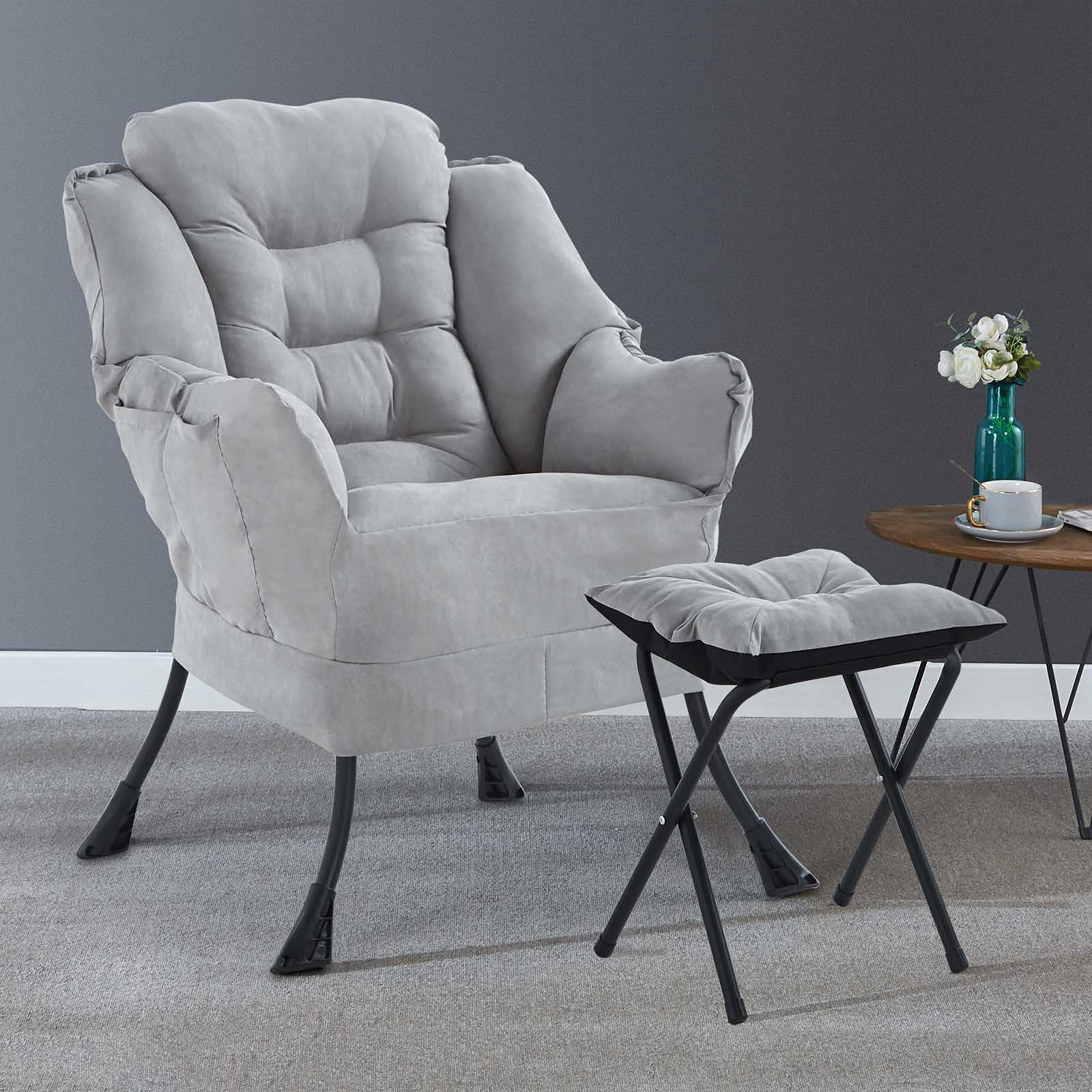 Comfortable Upholstered Lazy Chair with Ottoman & Side Pocket - Grey Accent Sofa for Living Room, Bedroom, or Office - Perfect for Relaxing, Reading & Napping