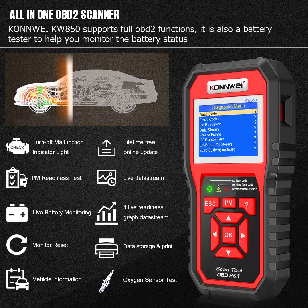 KW710 Battery Tester & KW850 OBD2 Scanner - Professional Automotive Diagnostic Tool for Car Battery Health Check & Engine Fault Code Reading - Perfect for Mechanics & DIY Car Maintenance