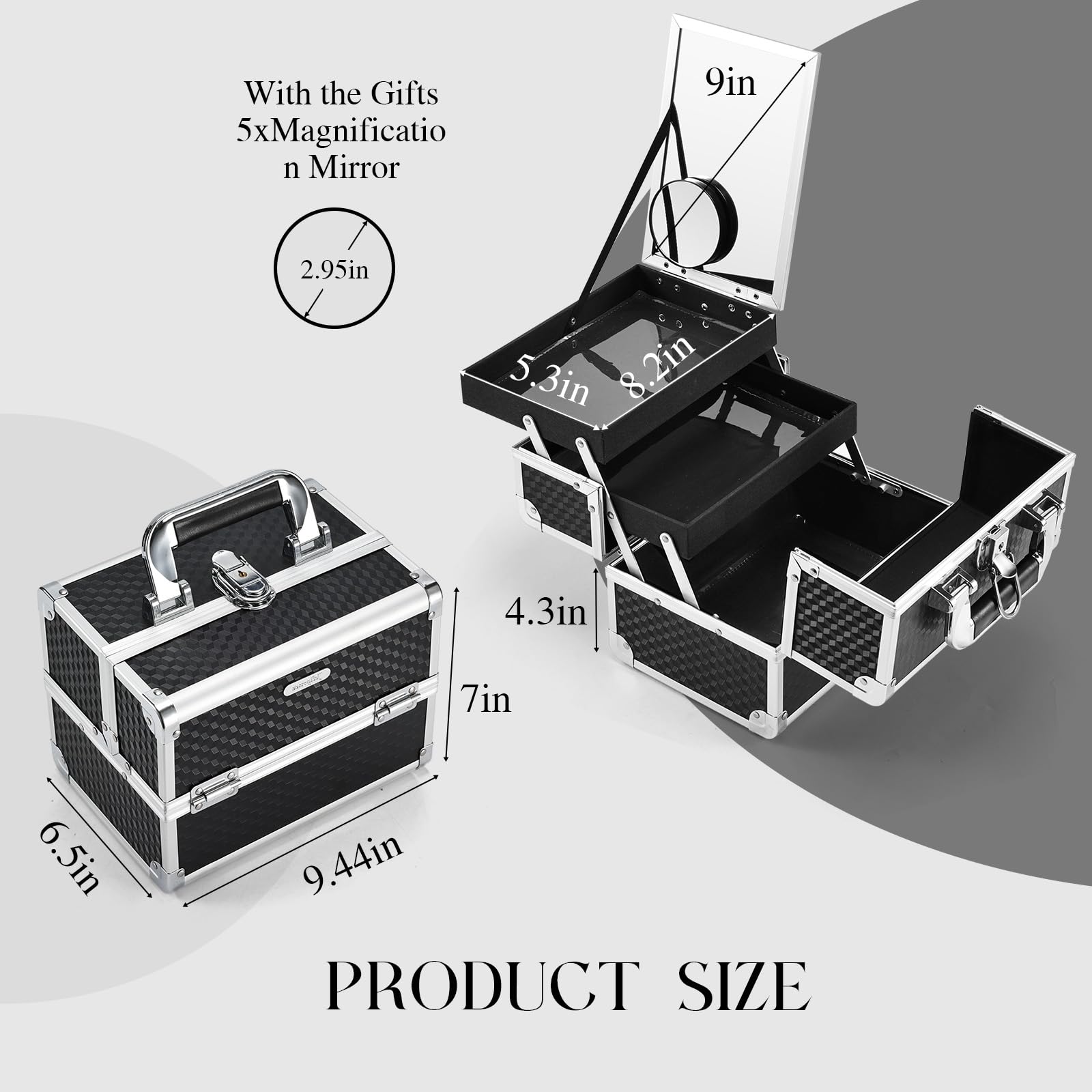 Joligrace Professional Makeup Train Case with 2 Trays & Key Lock - Portable Cosmetic & Jewelry Organizer with Mirror, Travel Storage Box (Modern Black) - Perfect for Travel, Salon, Home & Professional Makeup Artists