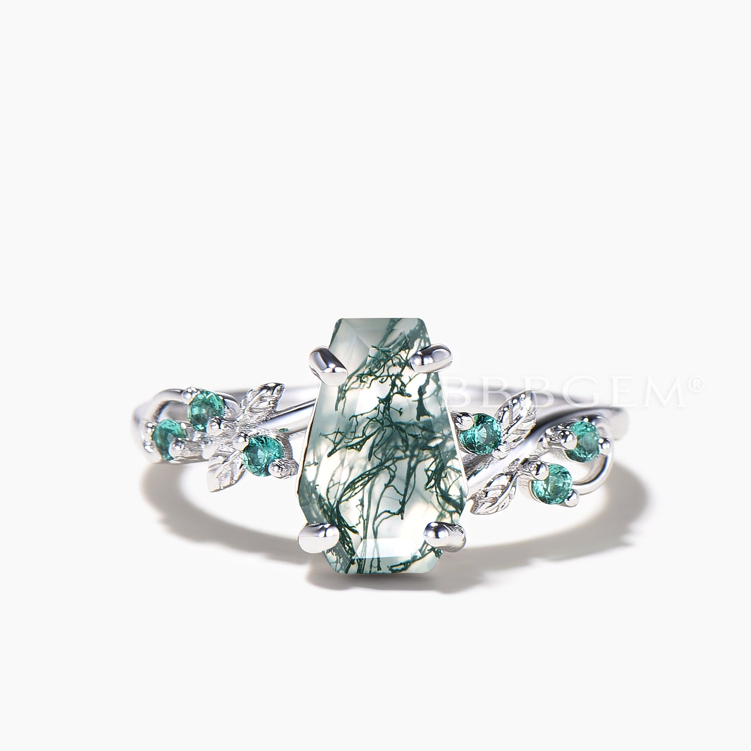 Nature Inspired Coffin Cut Moss Agate Emerald Engagement Ring - Vintage Style Wedding Band for Women, Perfect for Proposals, Anniversaries & Romantic Occasions