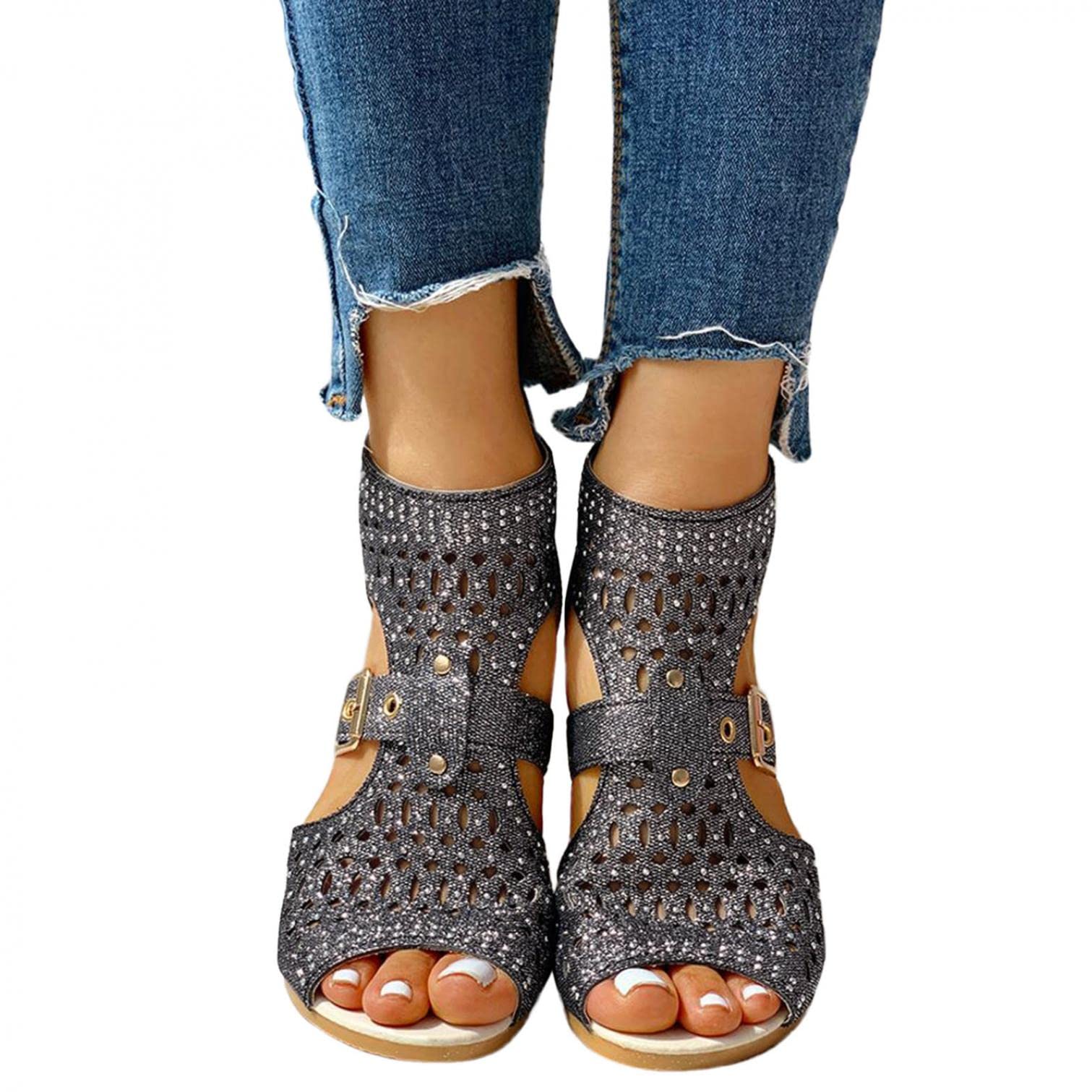 SIILSAA Women's Dressy Summer Sandals - Crystal Embellished Open Toe Flat Strappy Roman Sandals for Casual Wear | Perfect for Beach, Vacation & Summer Outfits