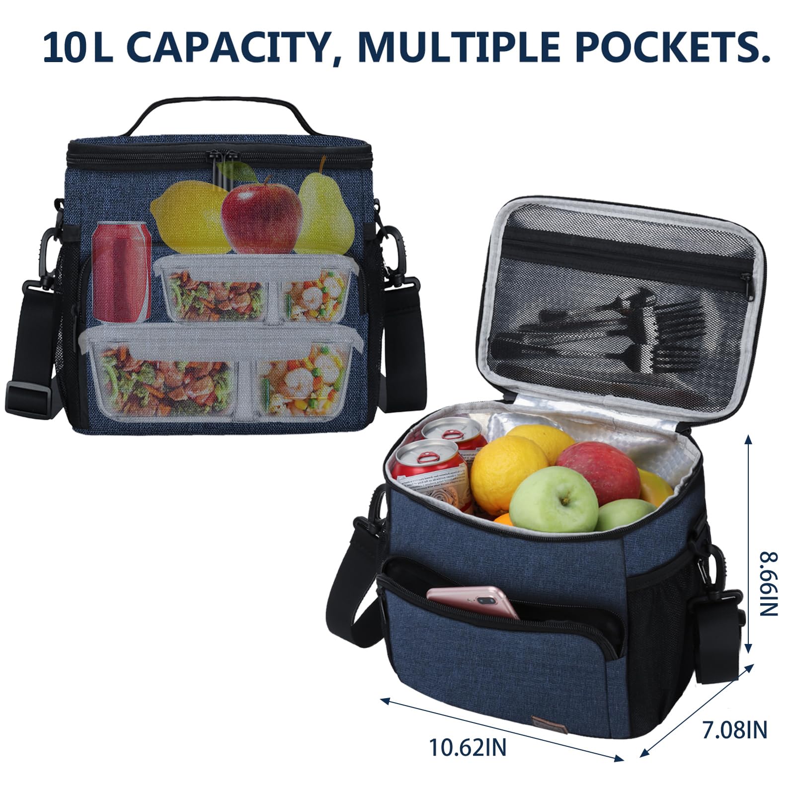 Gloppie Insulated Lunch Box for Men & Women - Reusable Cooler Lunch Bag with Leakproof Design, Perfect for Office, School, Picnic & Outdoor Activities - Blue