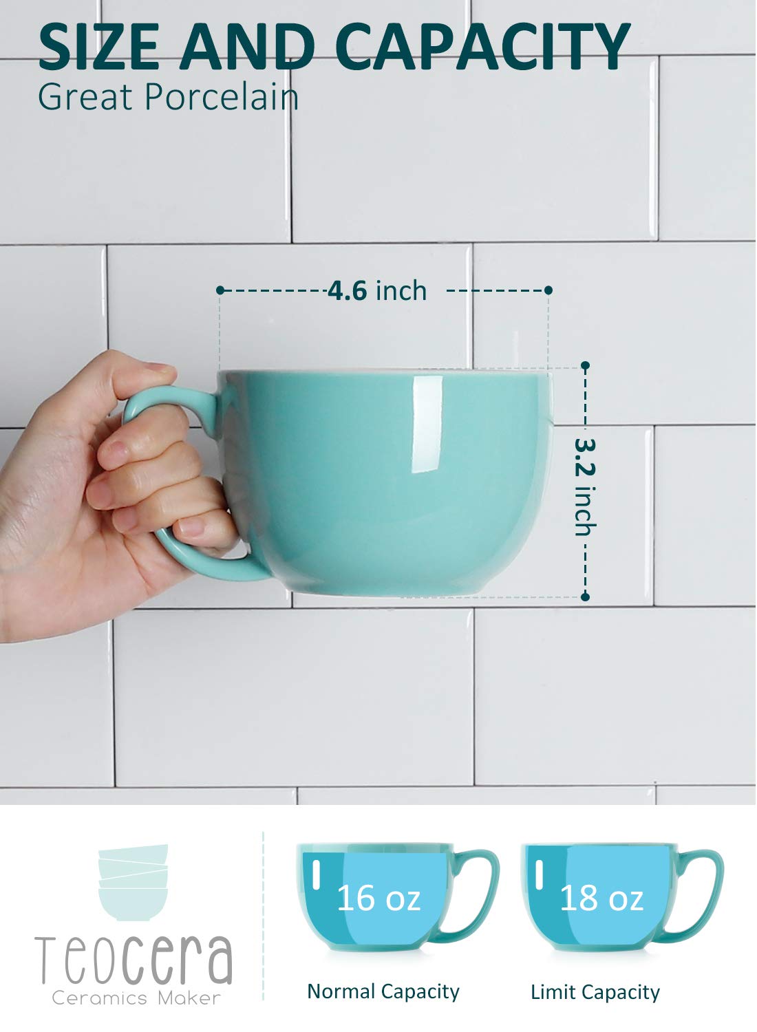 Teocera Turquoise Coffee Mugs Set of 4 - 16oz Ceramic Mugs for Hot & Cold Drinks - Durable Porcelain Coffee Cups for Latte, Cocoa, Milk & Tea - Modern Design Coffee Mug Set - Perfect for Home, Office & Cafe Use