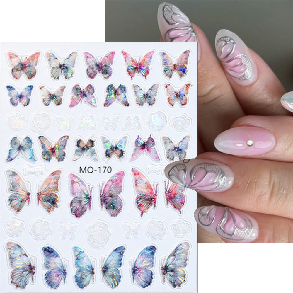 5D Aurora Butterfly Nail Stickers for Women - Cartoon Embossed Nail Art Decals with Rose Flowers | Perfect for DIY Nail Designs, Manicures, and Professional Nail Art Supplies | Great for Parties, Weddings, and Special Occasions