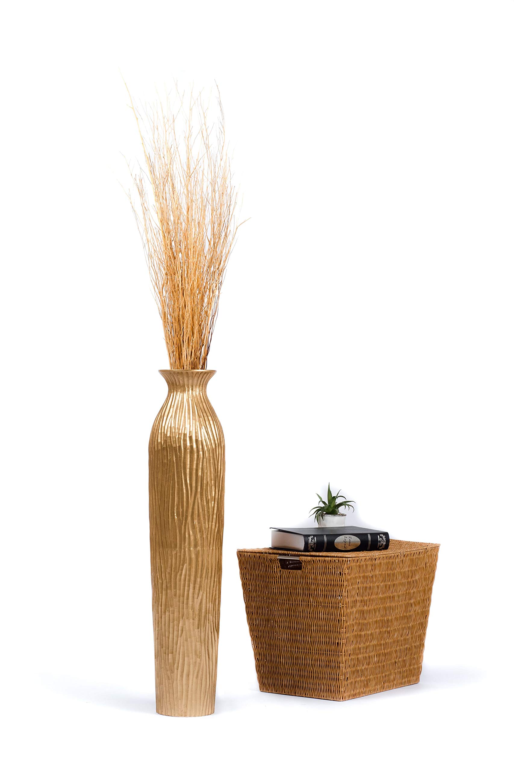 LEEWADEE Large 36-inch Wooden Floor Vase - Handmade Golden Flower Holder for Decorative Branches & Dried Flowers - Elegant Home Decor for Living Room, Entryway or Office