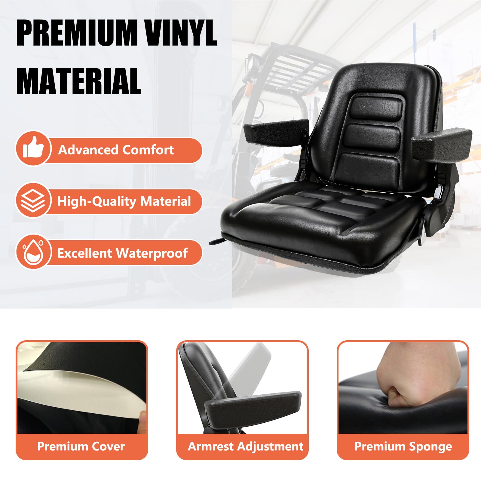 Universal Fold Down Forklift Seat with Adjustable Angle Backrest, Armrests & Micro Switch - Heavy Duty Suspension Seat for Tractors, Excavators, Skid Steers, Backhoes, Dozers & Telehandlers - Ergonomic Design for All-Day Comfort in Construction & Farming Operations