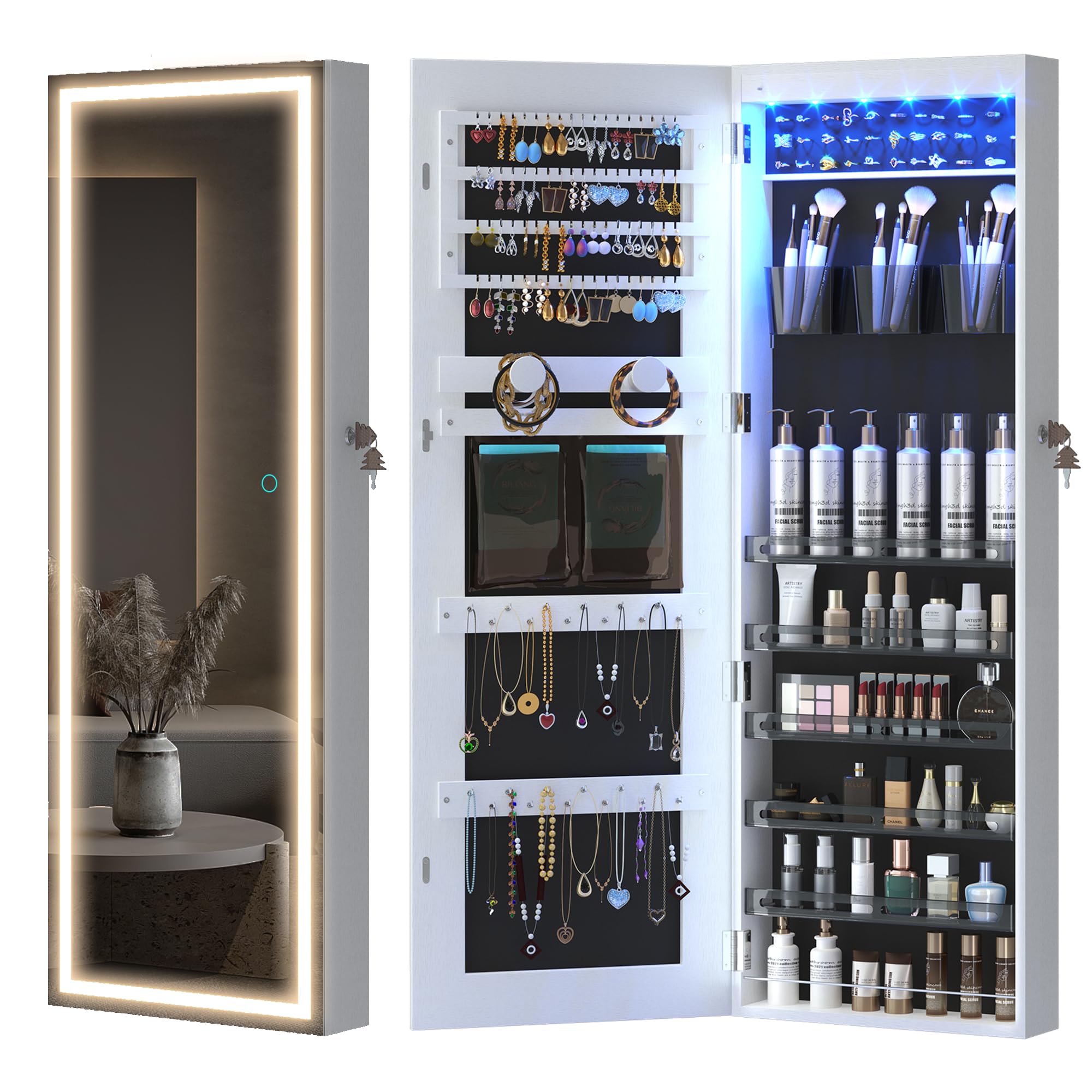LVSOMT LED Mirror Jewelry Cabinet - Wall Mounted/Door Hanging Jewelry Organizer with Lights, Full Length Mirror & Storage - Over the Door Jewelry Armoire for Bedroom, Closet, Dressing Room (White)