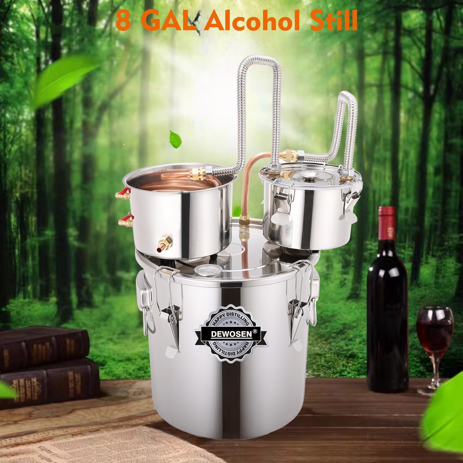 8 Gallon Alcohol Still Kit with 3 Pots, Copper Tube & Thumper Keg - Complete Distillery Set for Moonshine, Whiskey & Home Brewing - Includes Water Pump, Thermometer, Airlock & Brew Bag - Perfect for DIY Distilling, Craft Spirits & Home Brewing Enthusiasts